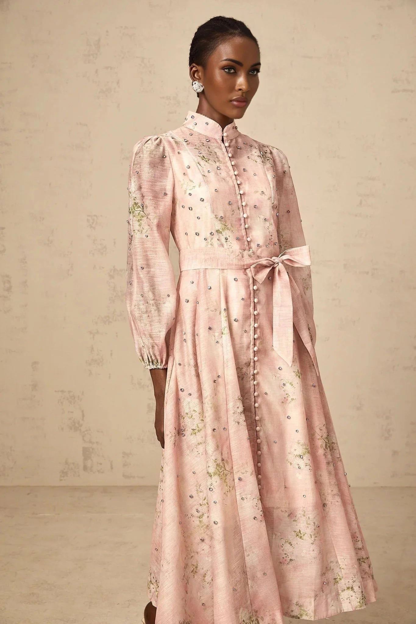 Valeria Midi Dress Floral Crystal Embellished Pink