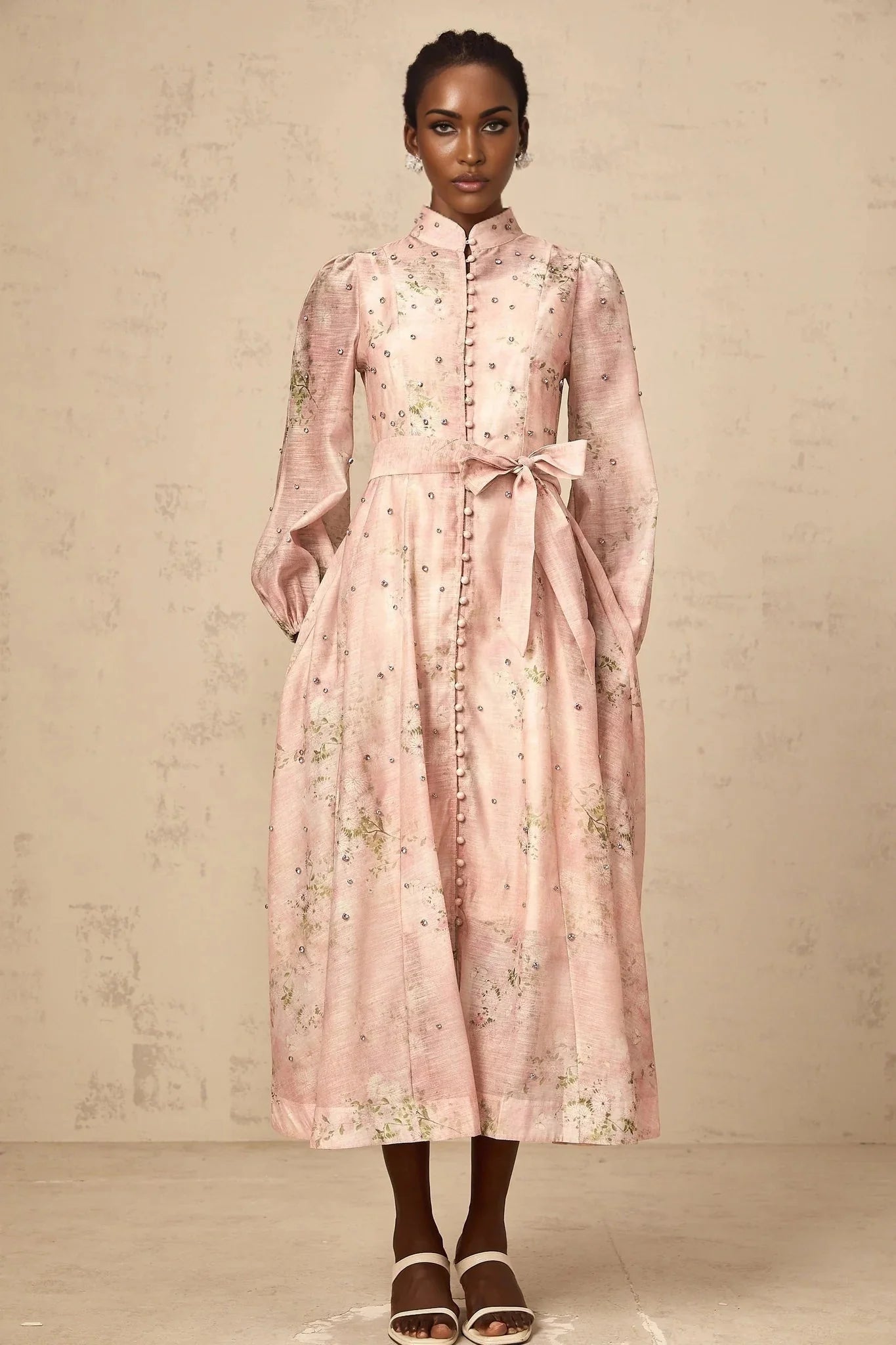Valeria Midi Dress Floral Crystal Embellished Pink