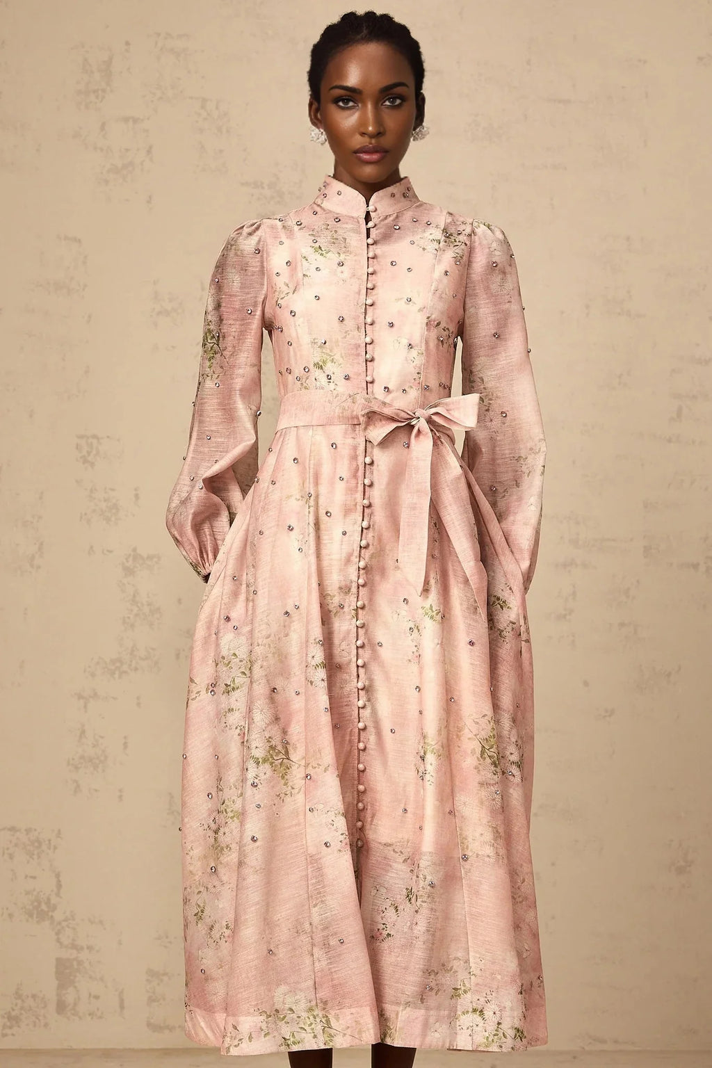 Valeria Midi Dress Floral Crystal Embellished Pink