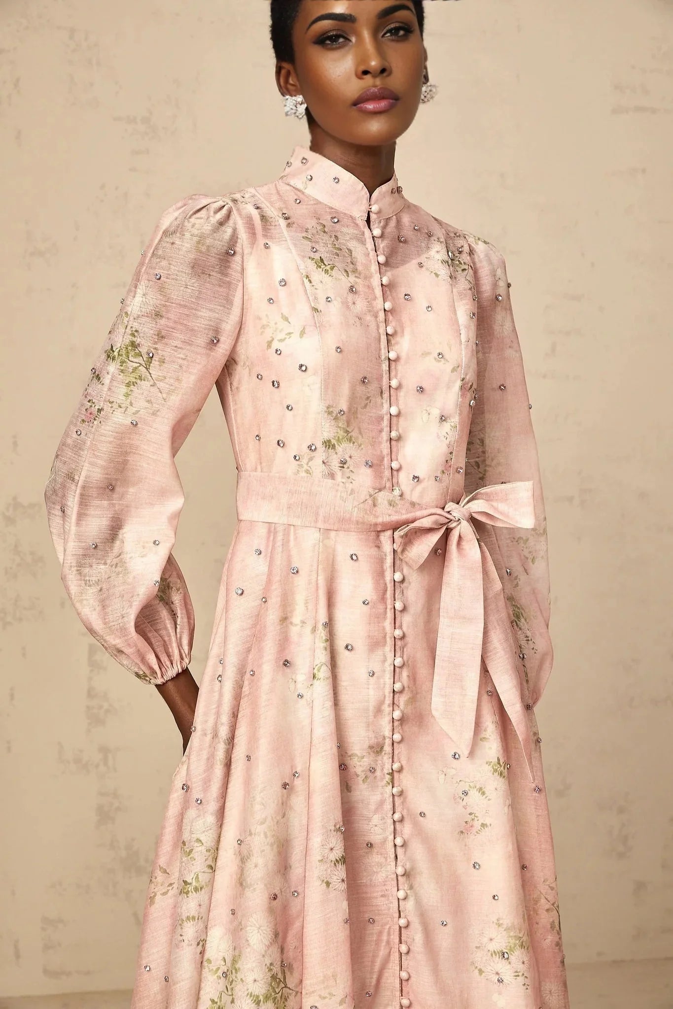 Valeria Midi Dress Floral Crystal Embellished Pink