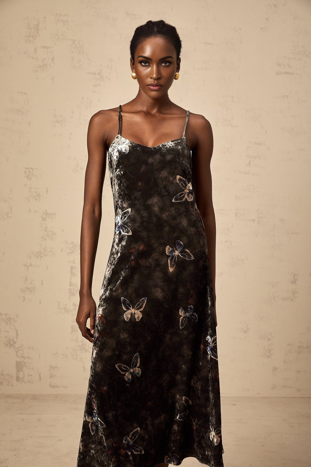 Valeria Midi Dress Velvet Butterfly Print VNeck Black Multicolor
