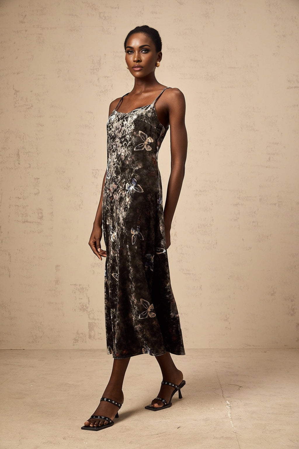 Valeria Midi Dress Velvet Butterfly Print VNeck Black Multicolor