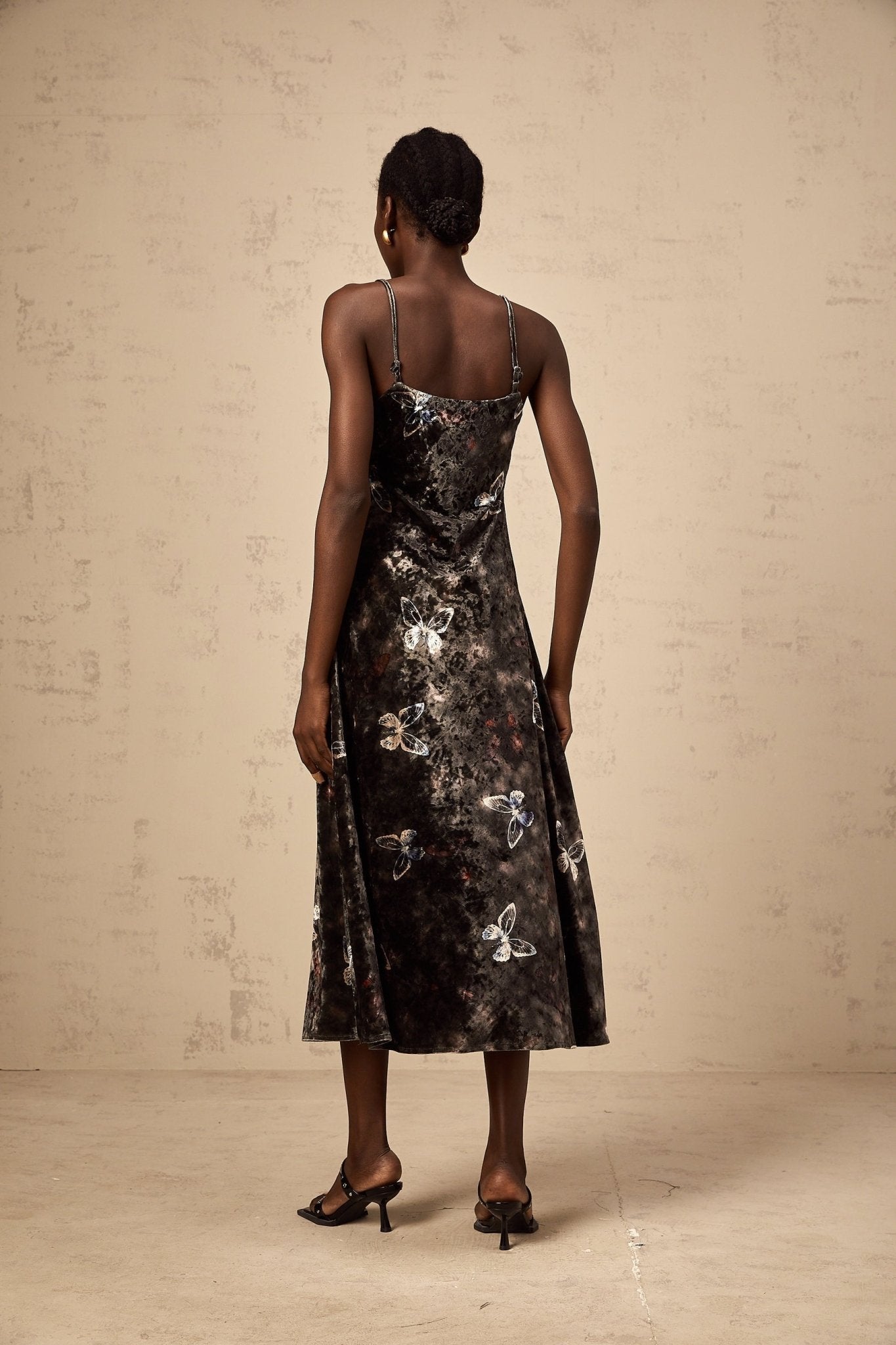 Valeria Midi Dress Velvet Butterfly Print VNeck Black Multicolor
