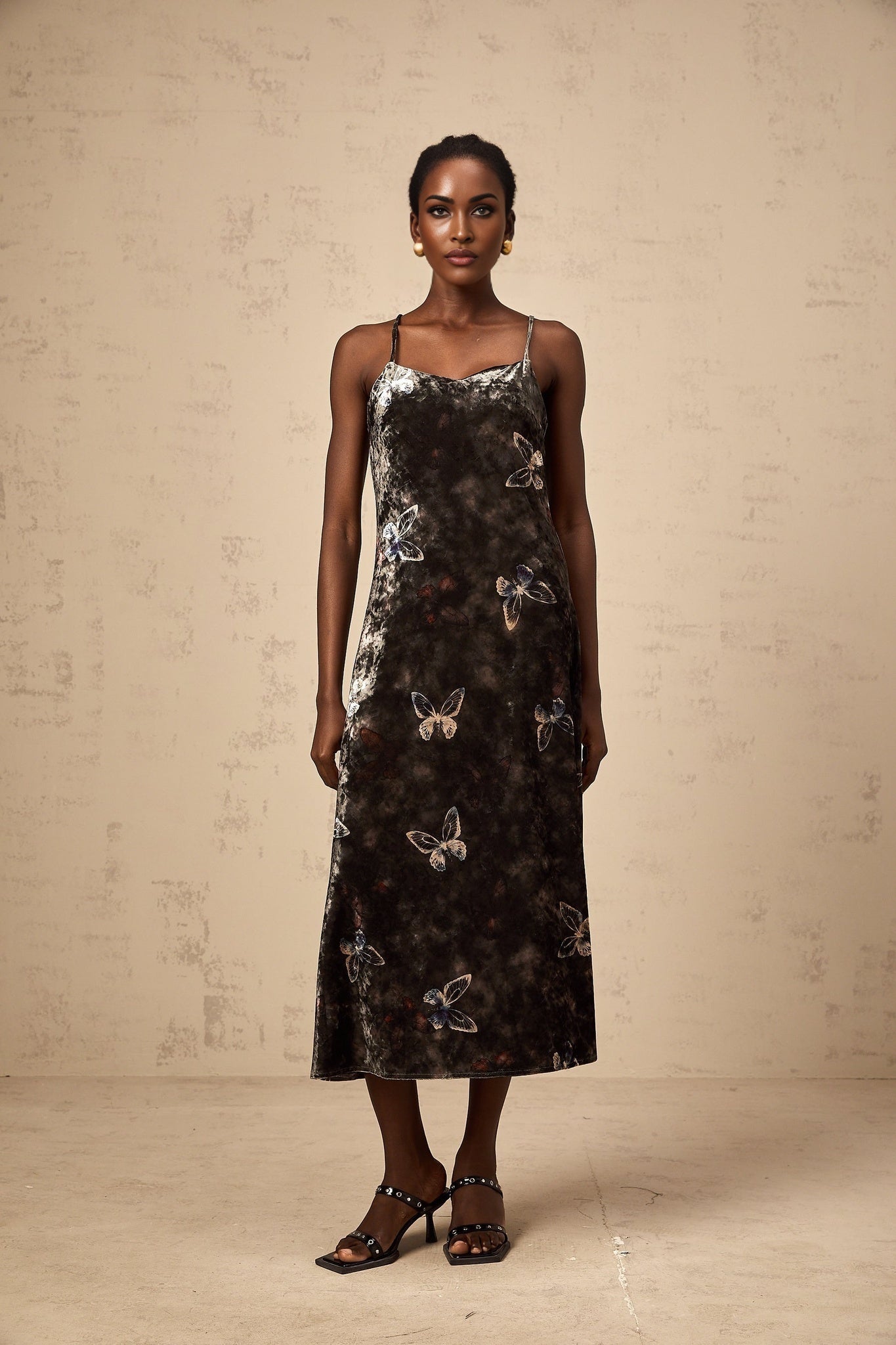 Valeria Midi Dress Velvet Butterfly Print VNeck Black Multicolor