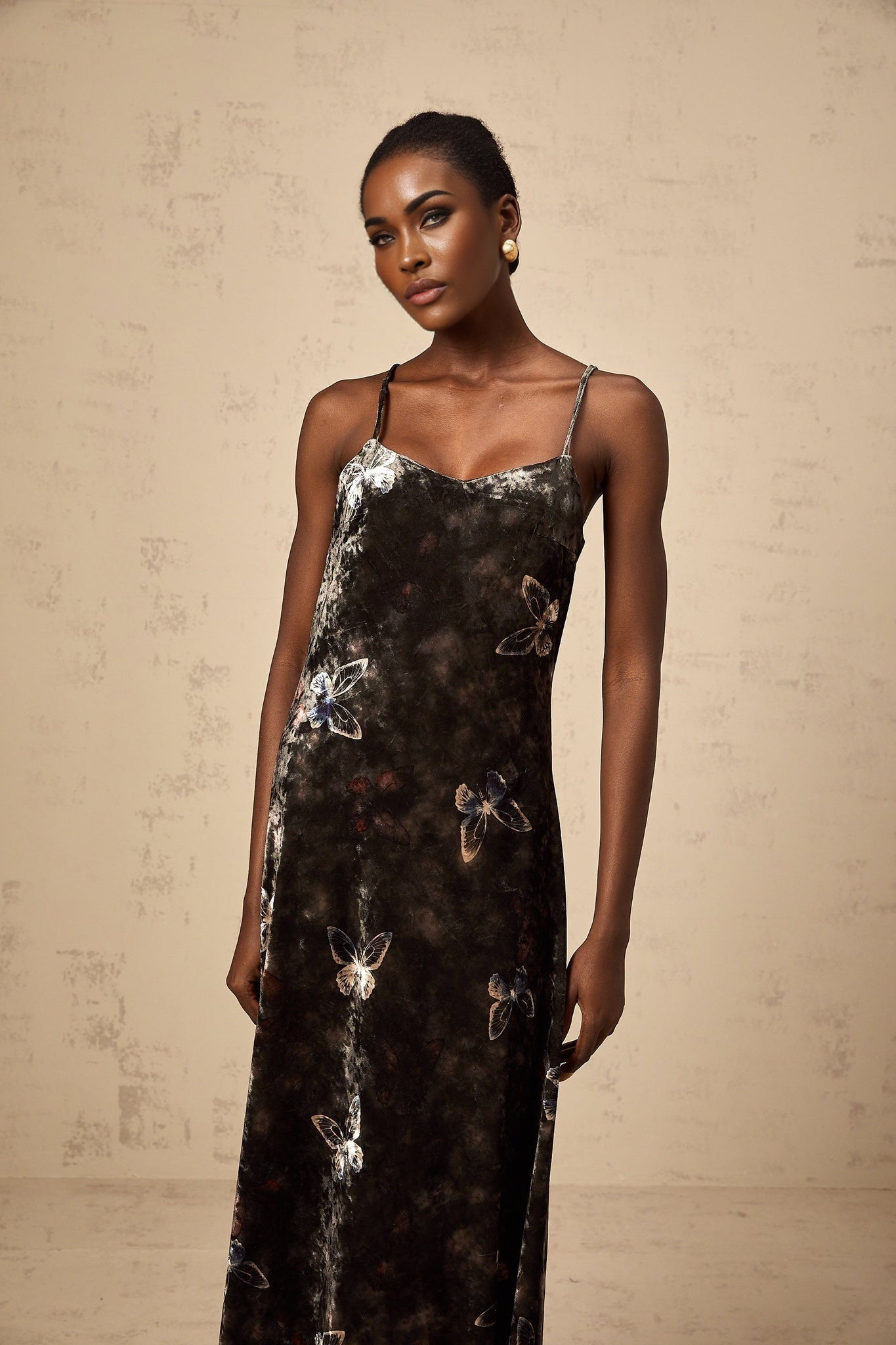 Valeria Midi Dress Velvet Butterfly Print VNeck Black Multicolor