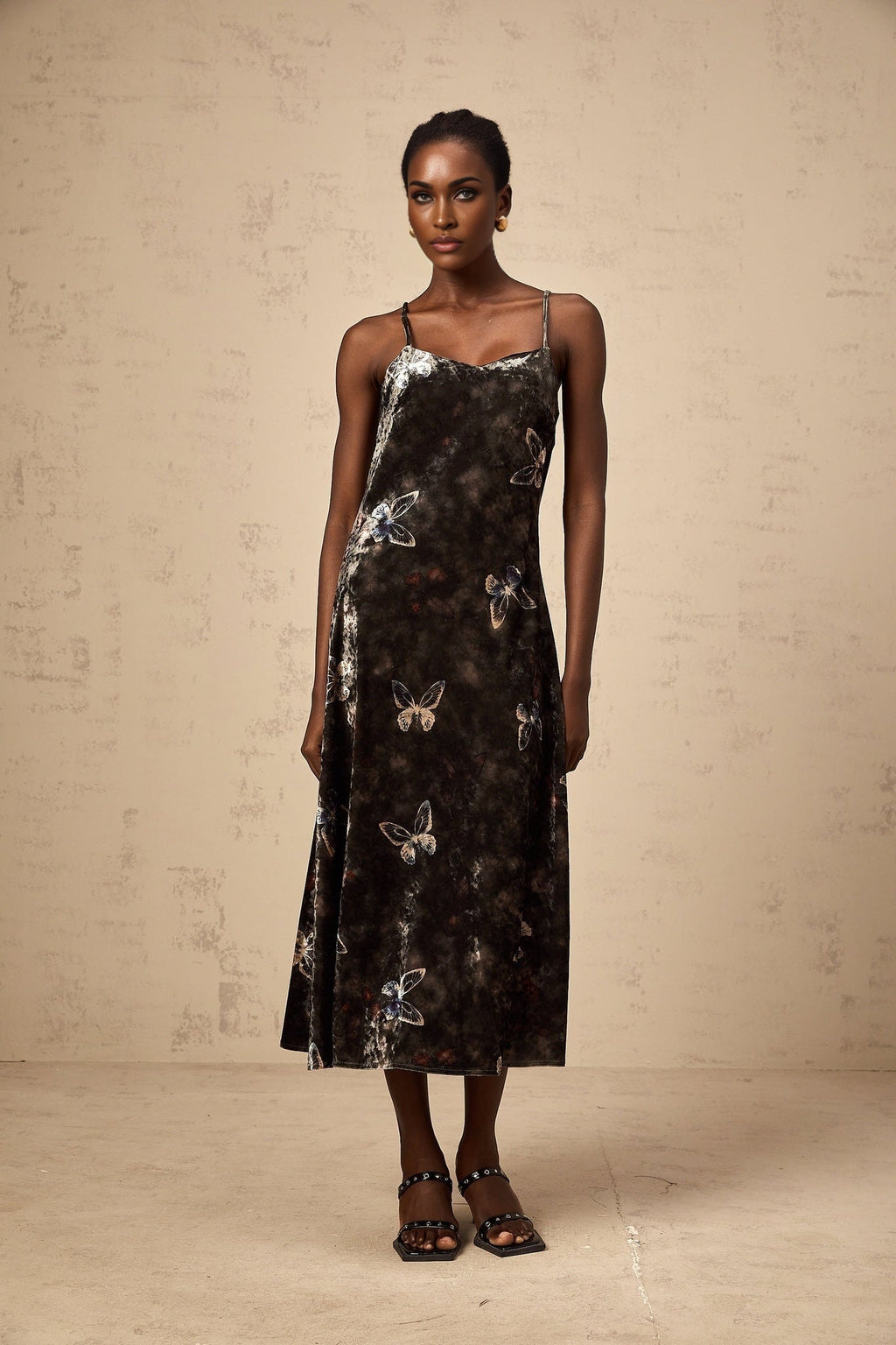Valeria Midi Dress Velvet Butterfly Print VNeck Black Multicolor
