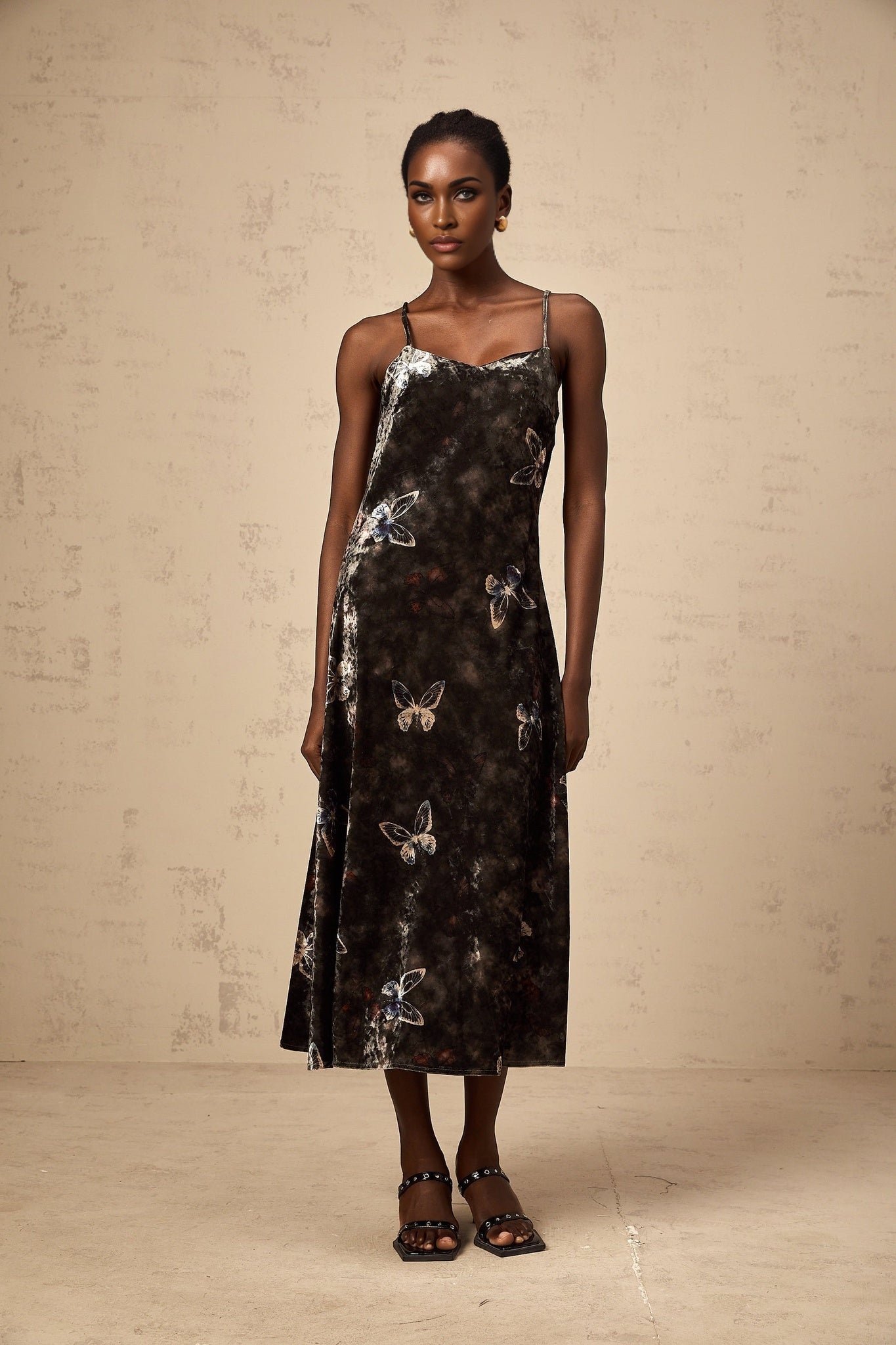 Valeria Midi Dress Velvet Butterfly Print VNeck Black Multicolor