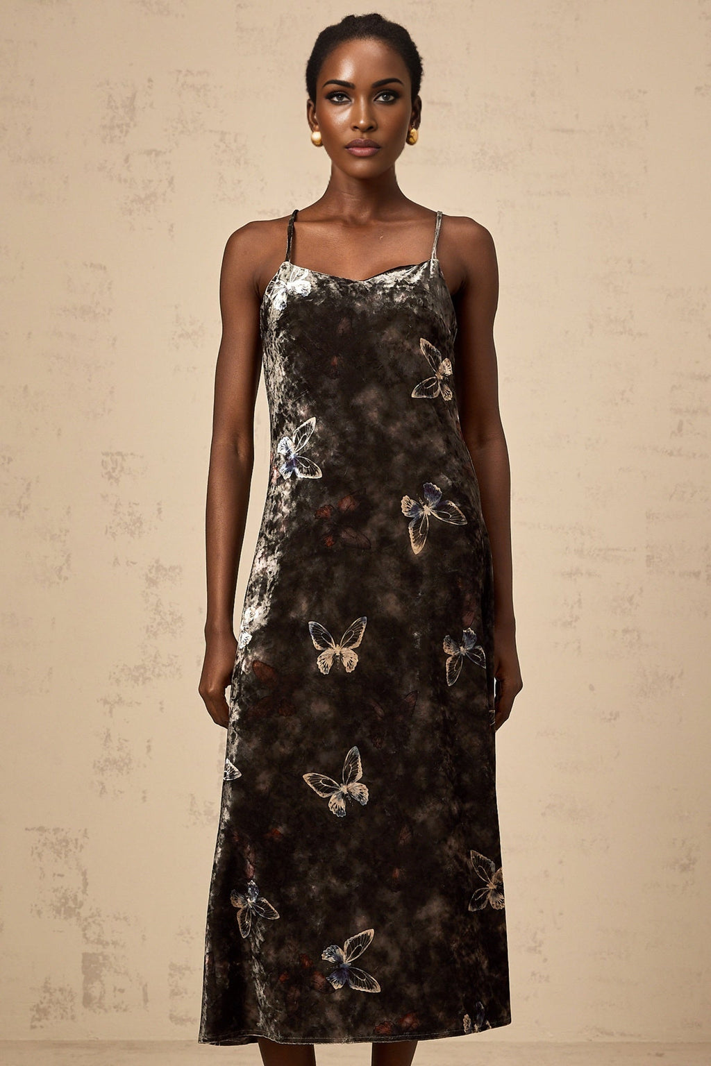 Valeria Midi Dress Velvet Butterfly Print VNeck Black Multicolor