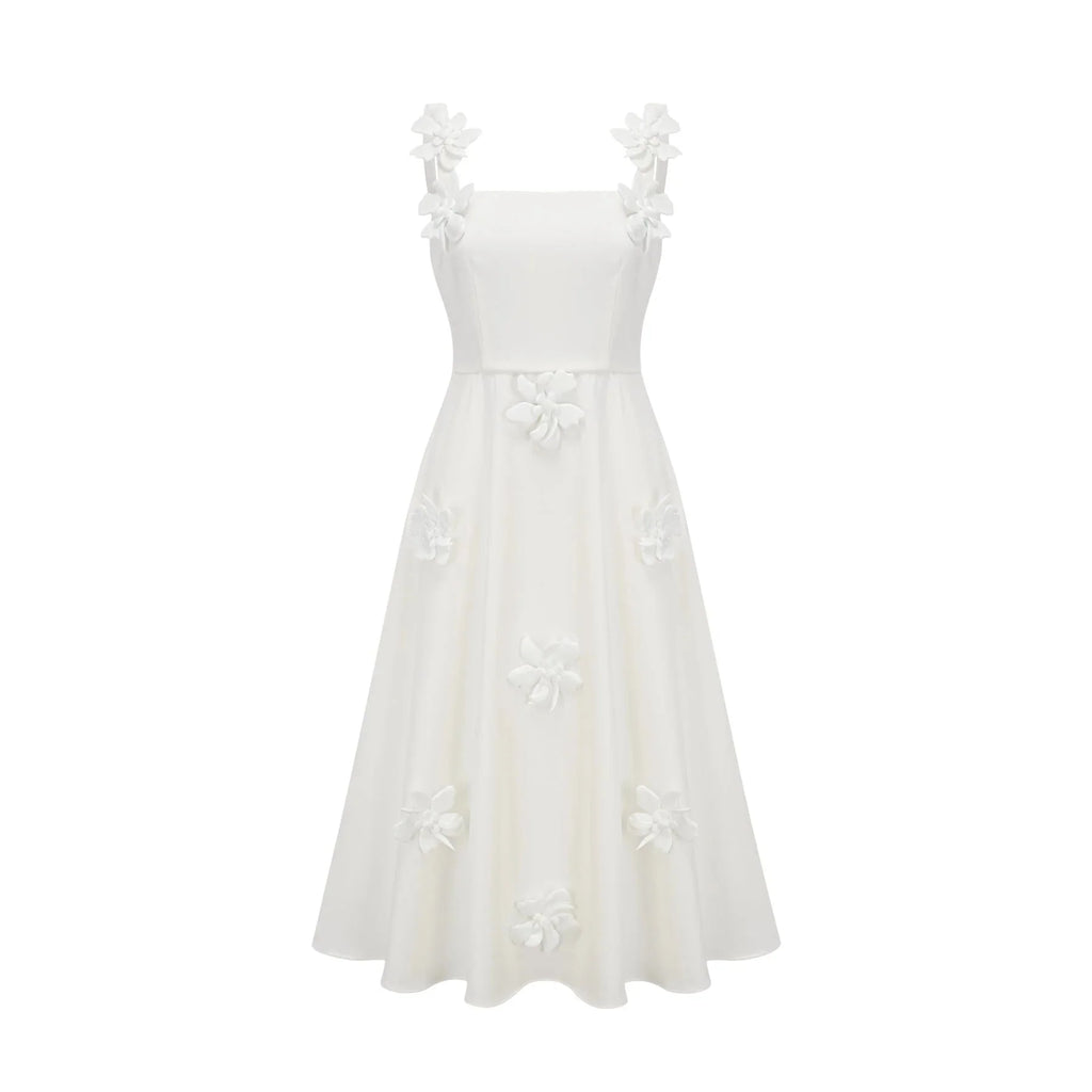 Valeria Midi Dress White Faux - Flower Square - Neck