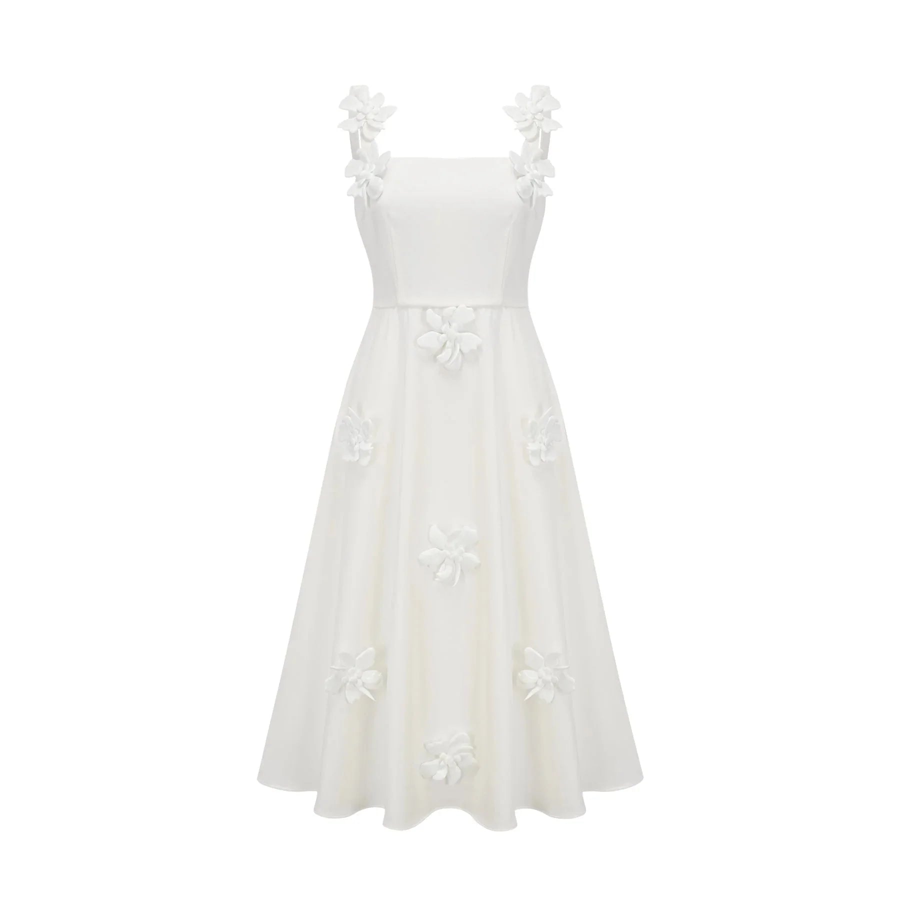 Valeria Midi Dress White Faux - Flower Square - Neck