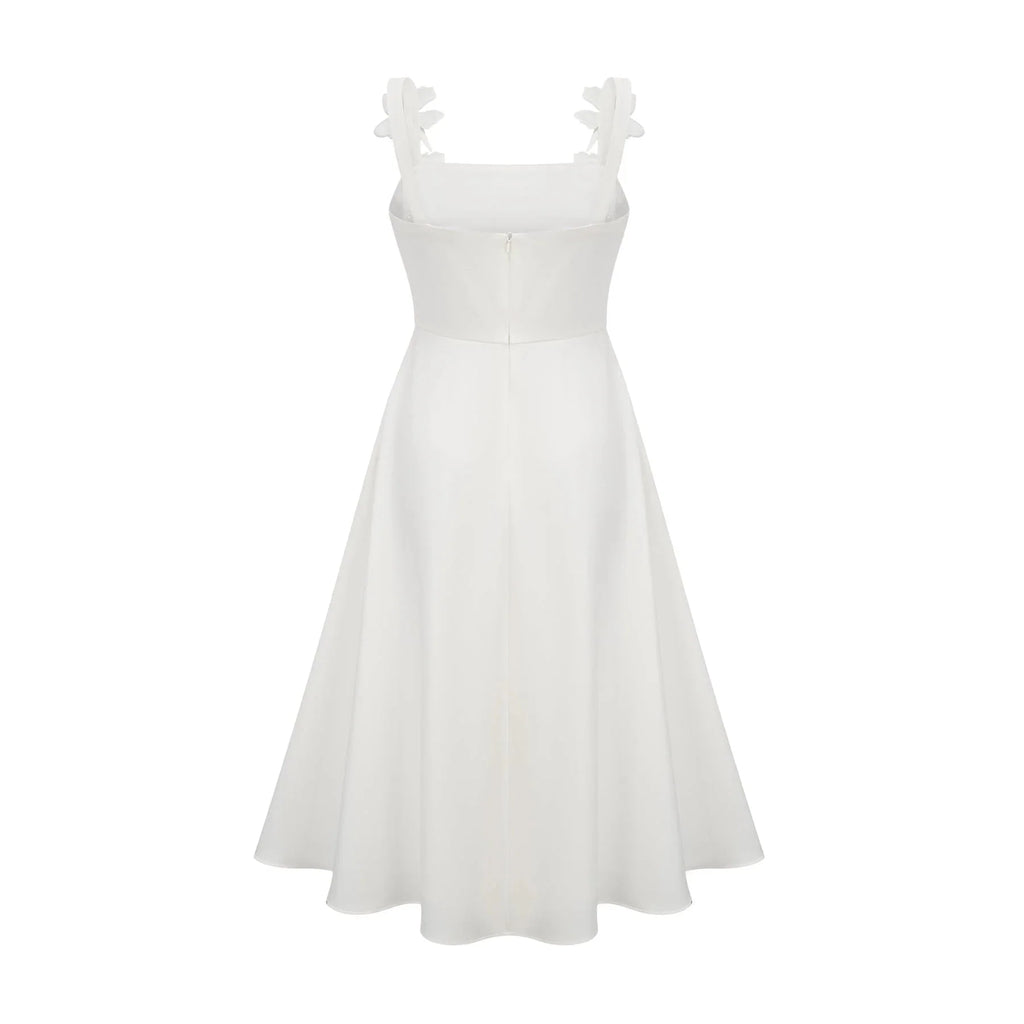 Valeria Midi Dress White Faux - Flower Square - Neck