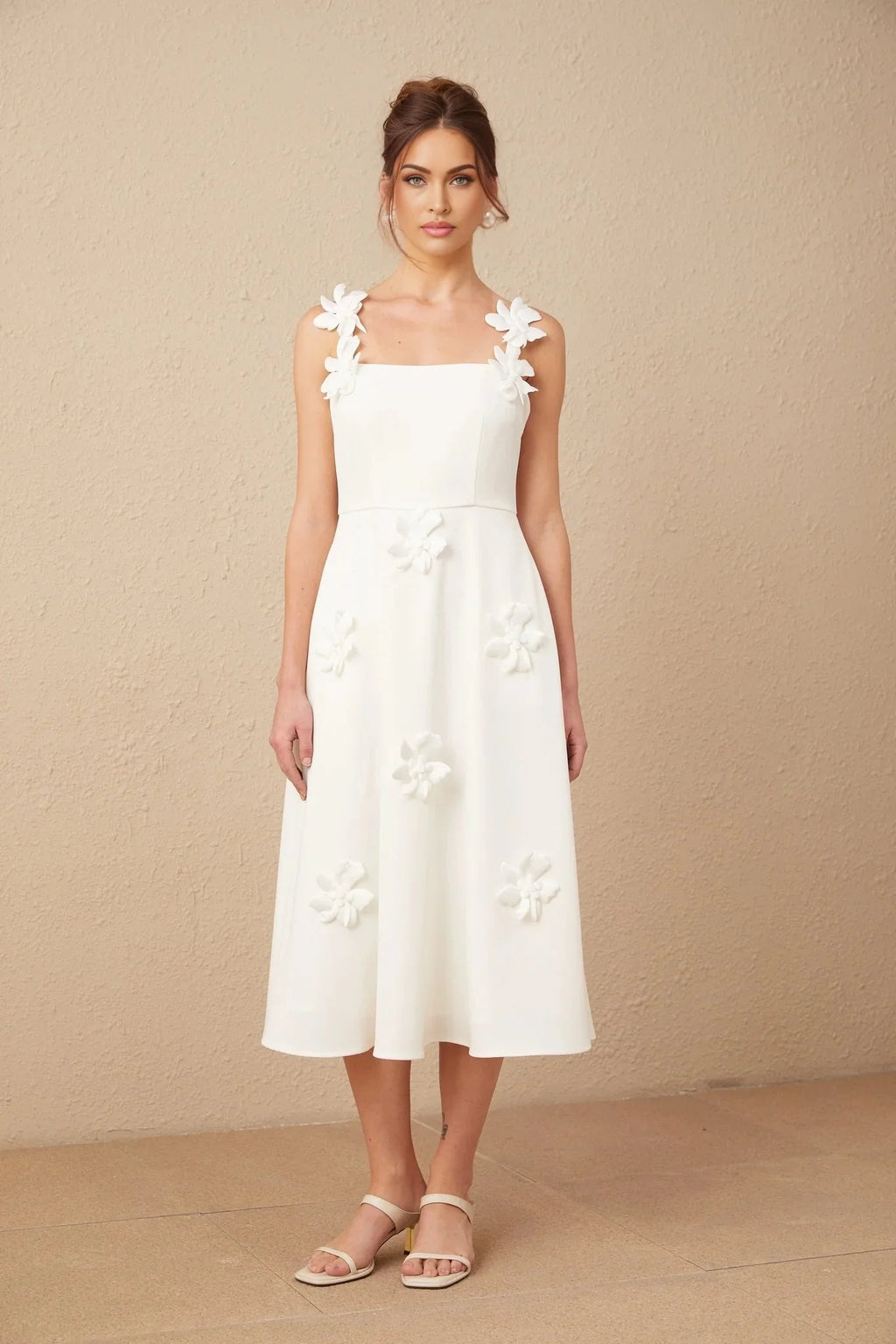 Valeria Midi Dress White Faux - Flower Square - Neck