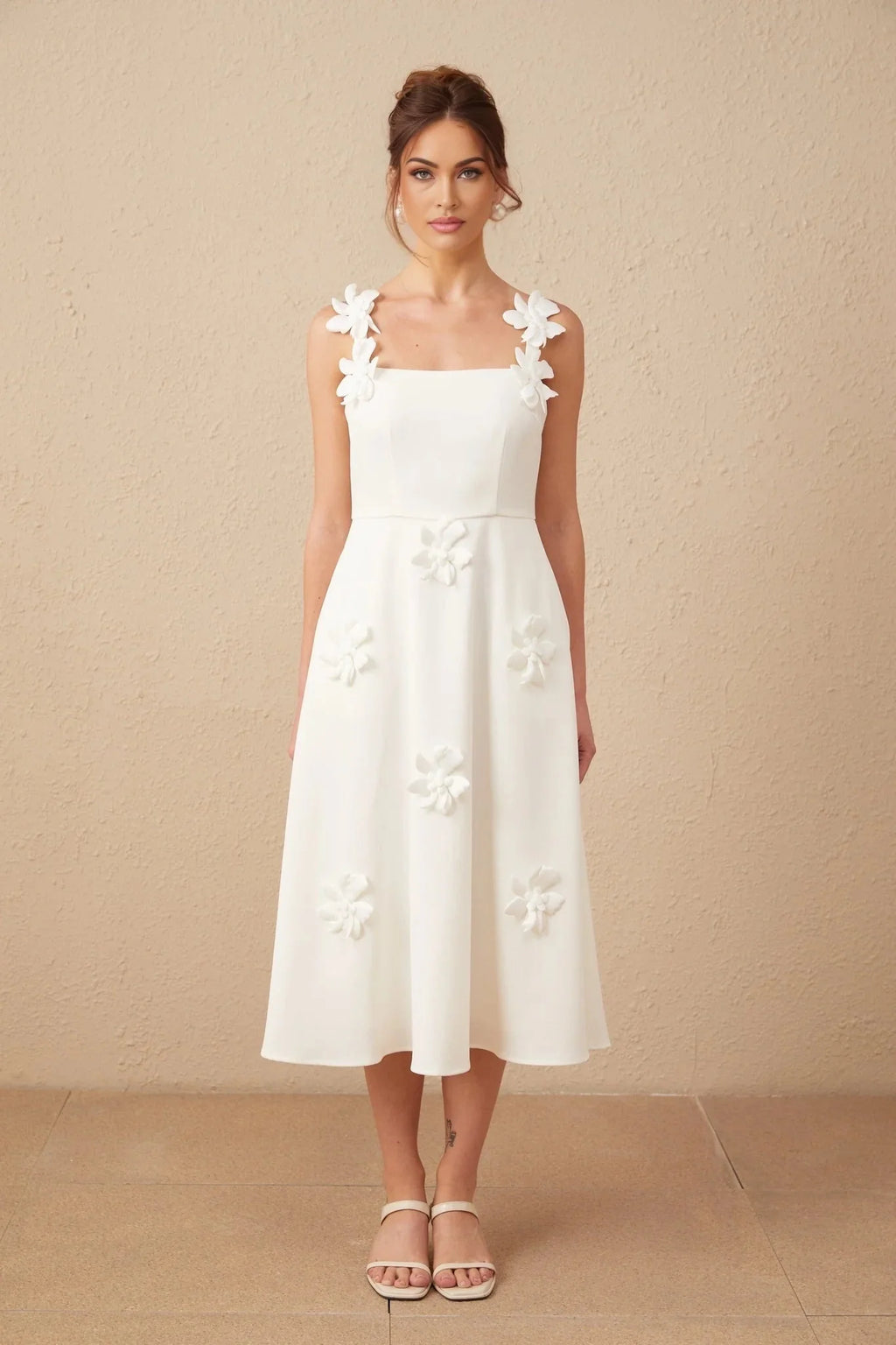 Valeria Midi Dress White Faux - Flower Square - Neck