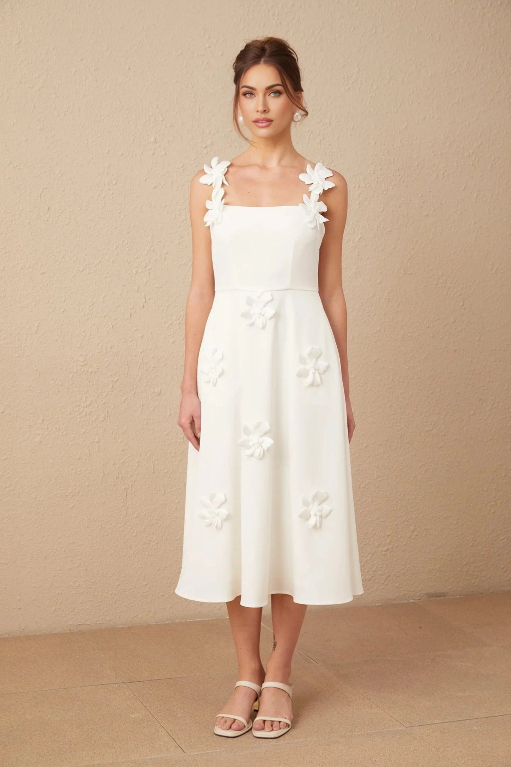 Valeria Midi Dress White Faux - Flower Square - Neck