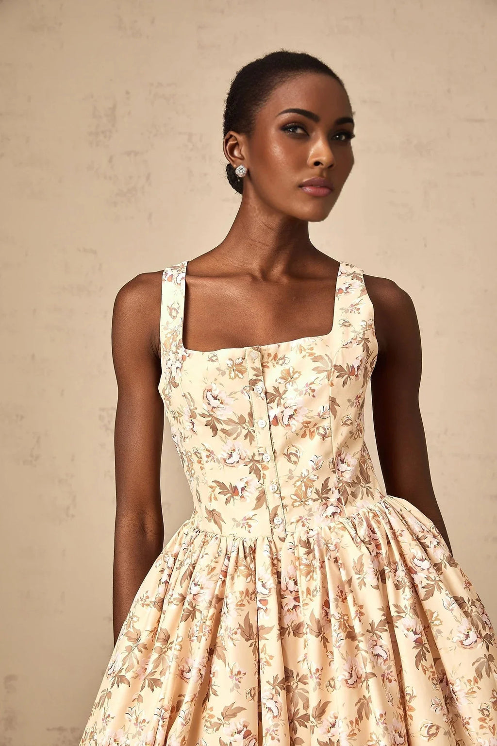 Valeria Midi Dress Yellow Floral Print Buttoned Front Slit - Elegant Pleat