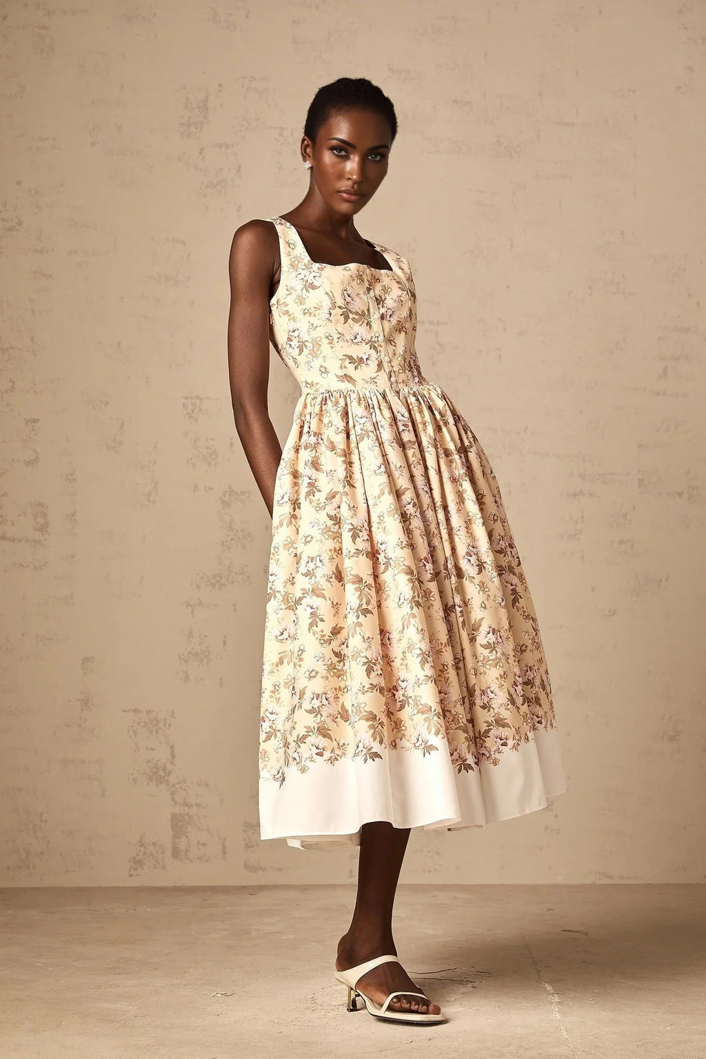 Valeria Midi Dress Yellow Floral Print Buttoned Front Slit - Elegant Pleat