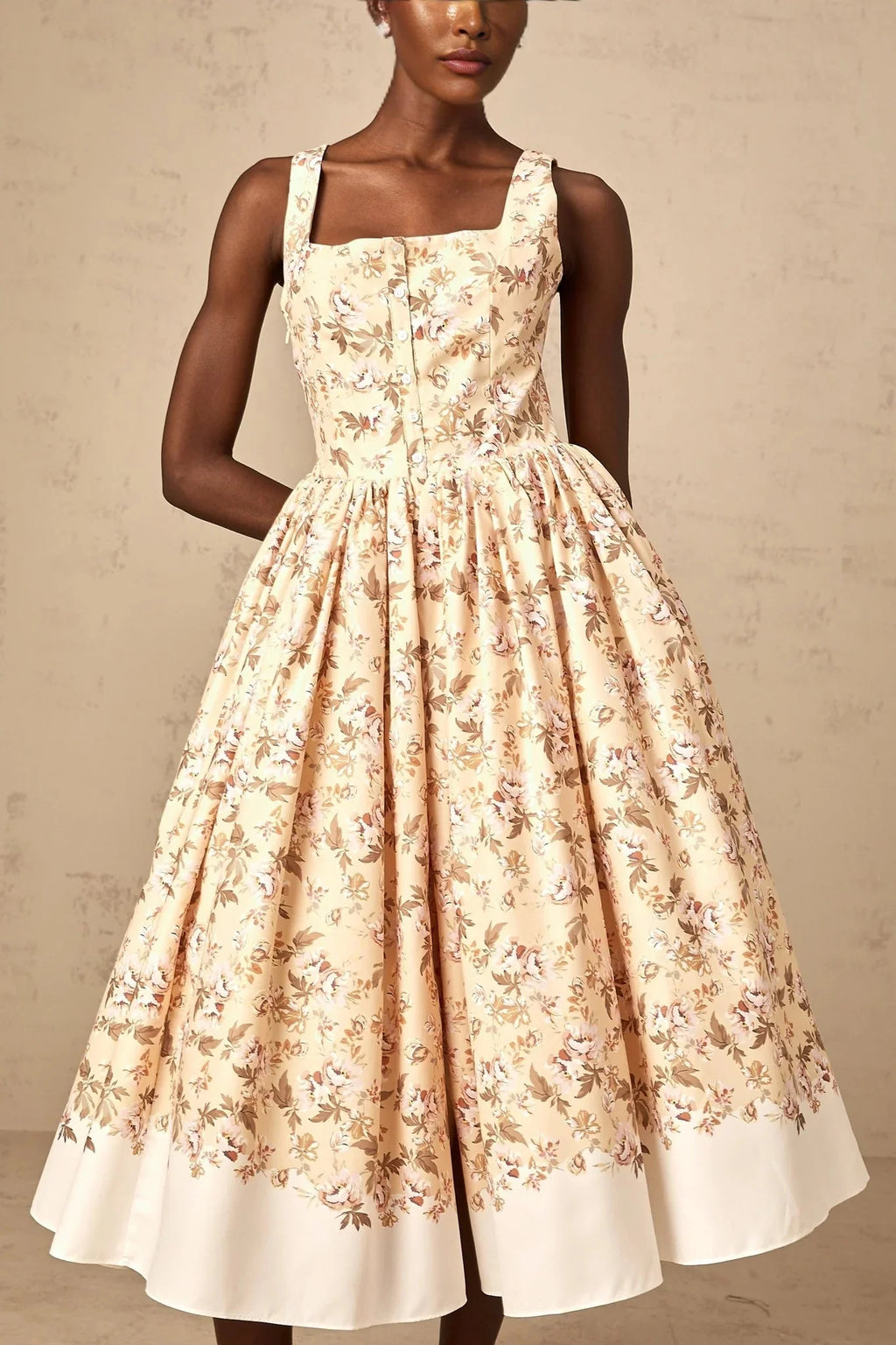 Valeria Midi Dress Yellow Floral Print Buttoned Front Slit - Elegant Pleat