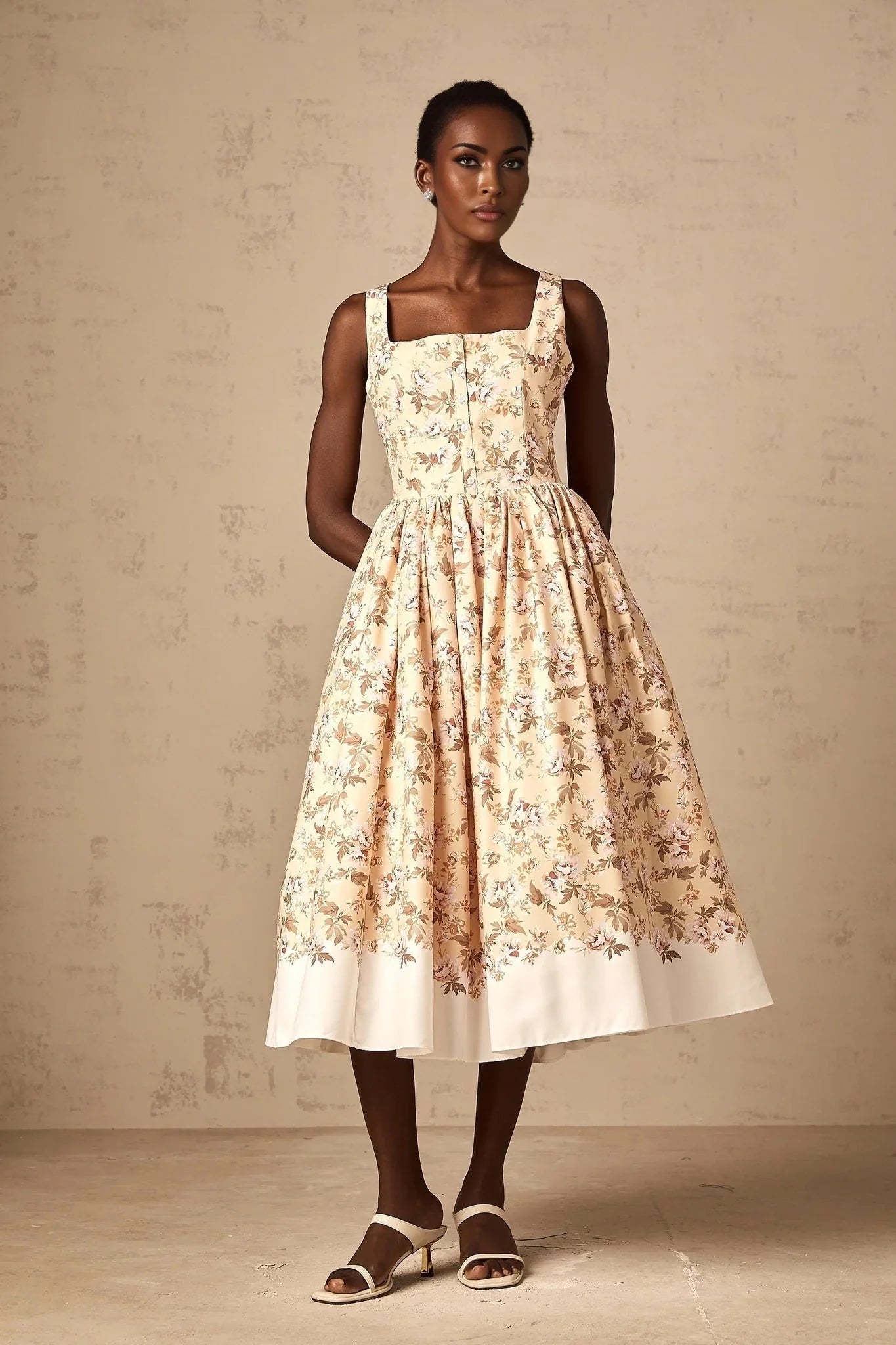 Valeria Midi Dress Yellow Floral Print Buttoned Front Slit - Elegant Pleat