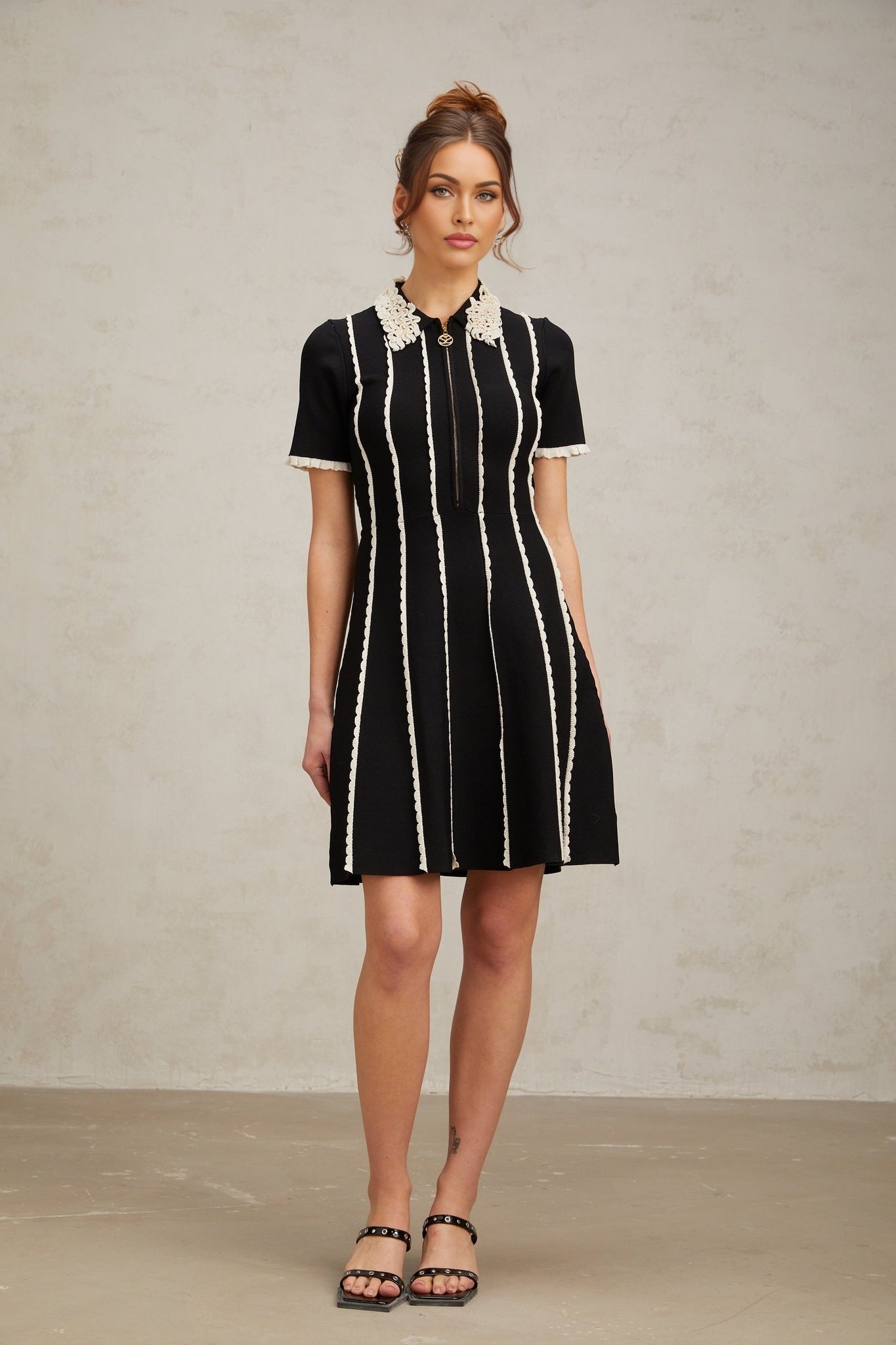 Valeria Mini Dress Black White Striped Ruffle A - Line