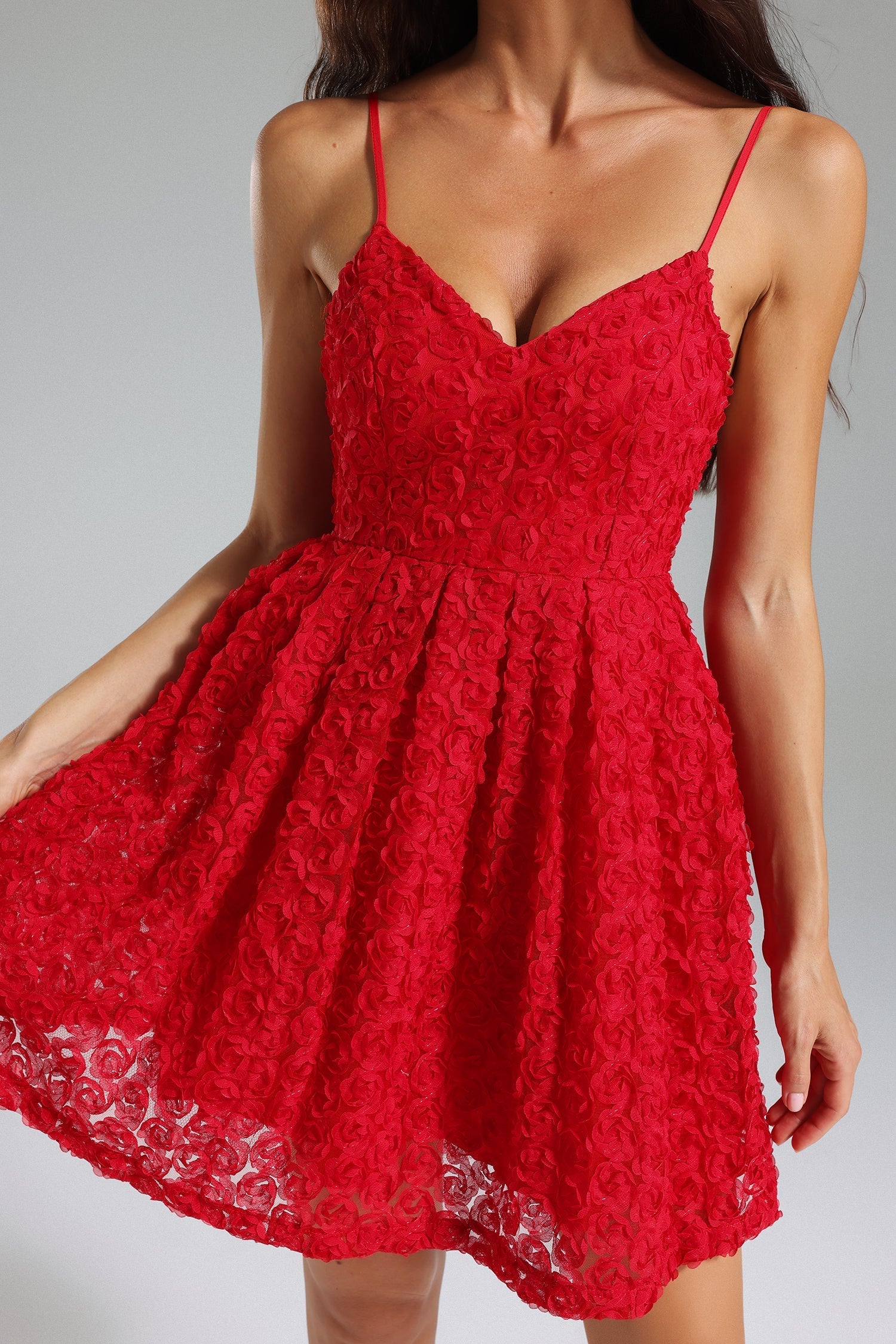 Valeria Red Floral Dress V-neckline Adjustable Straps