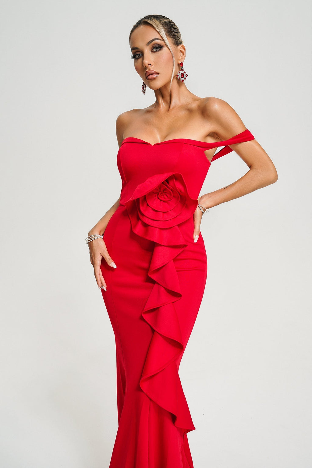 Valeria Red Off-Shoulder Maxi Dress with Ruffled Detailing and Floral Embellishment