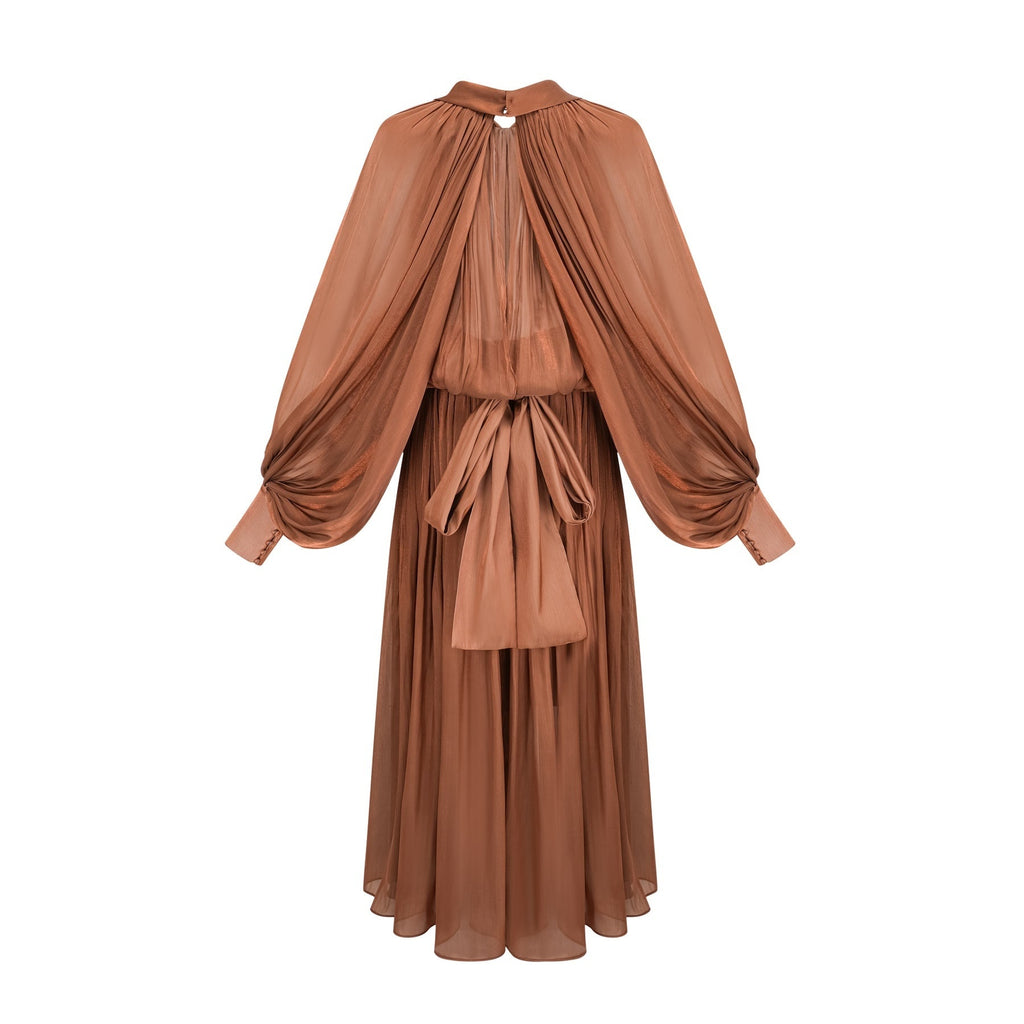 Valeriana Maxi Dress - Stylish Ribbon Tie - Neck - Dolman Sleeves