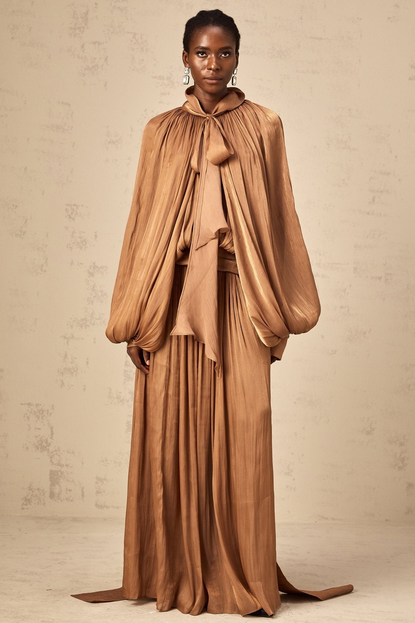 Valeriana Maxi Dress - Stylish Ribbon Tie - Neck - Dolman Sleeves