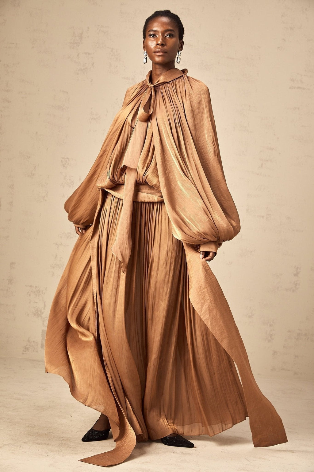 Valeriana Maxi Dress - Stylish Ribbon Tie - Neck - Dolman Sleeves