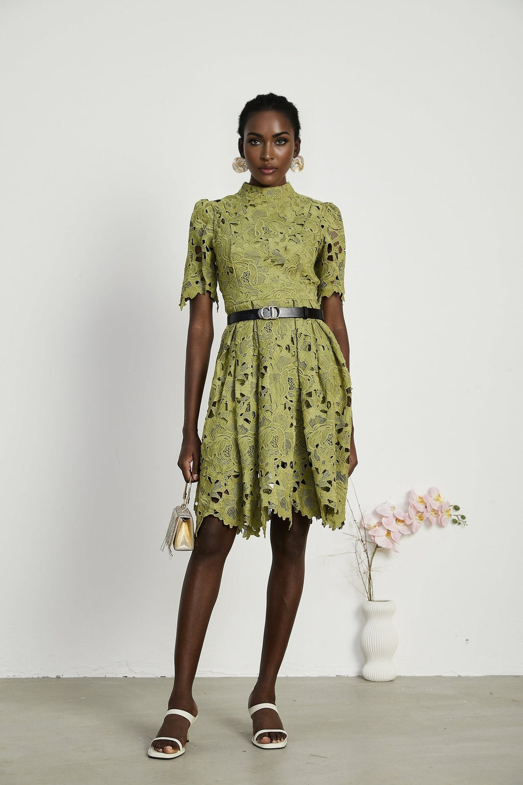 Valérie Green Embroidered A - Line Mini Dress With Cutout Details