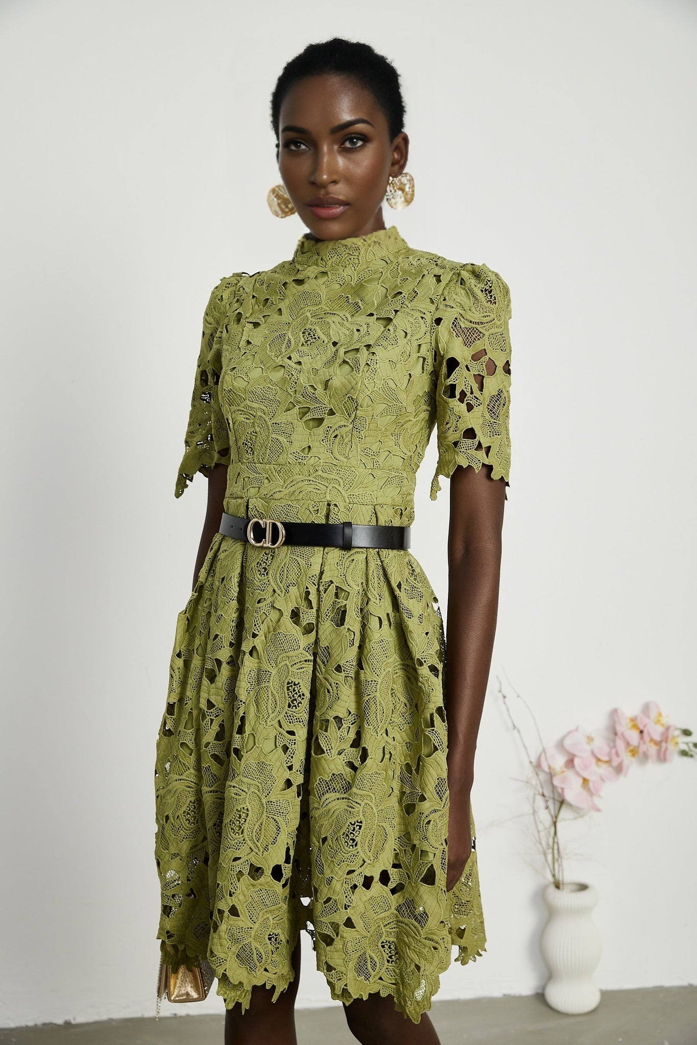 Valérie Green Embroidered A - Line Mini Dress With Cutout Details