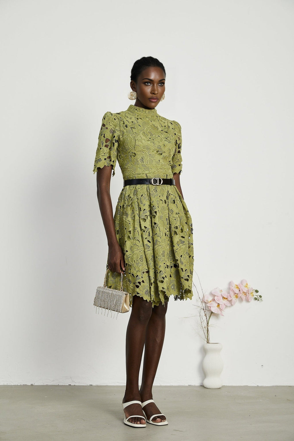 Valérie Green Embroidered A - Line Mini Dress With Cutout Details