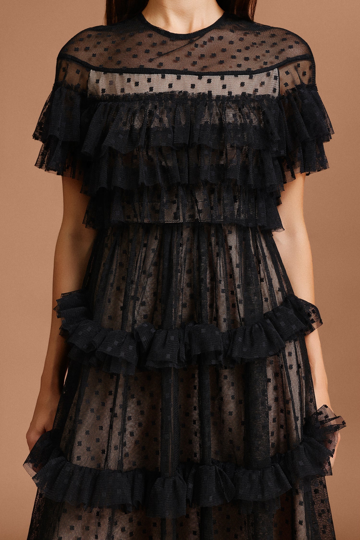 Vanessa Black Dot Print Ruffle Tiered Dress