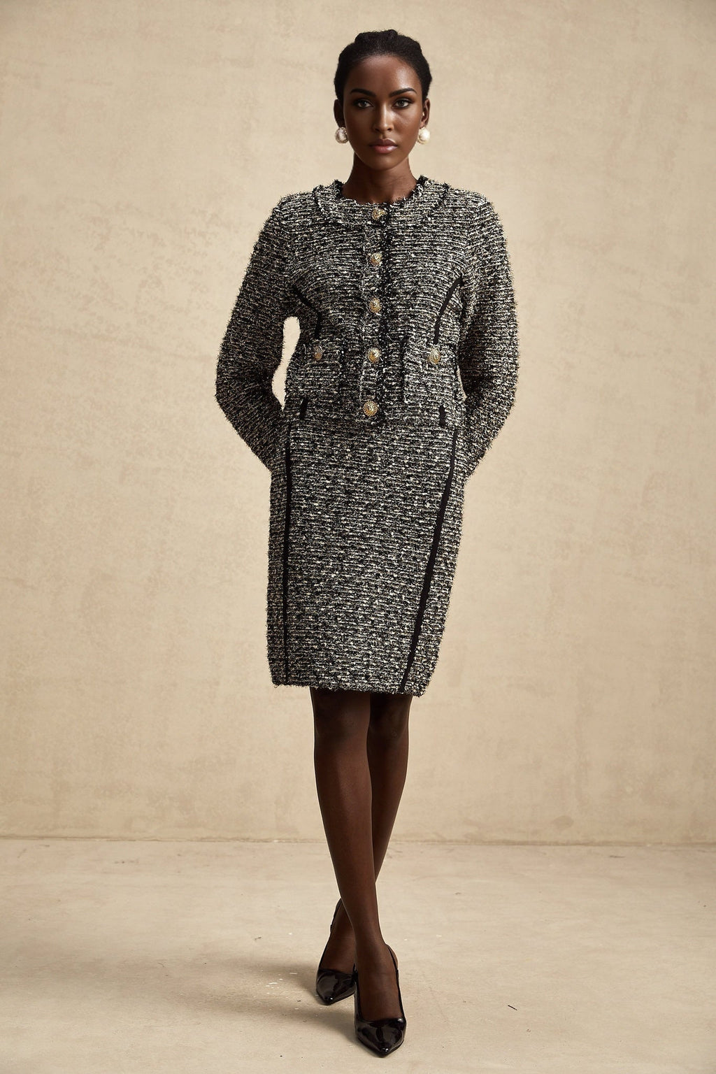 Vanessa Jacket & Skirt Silver Striped Lurex Set