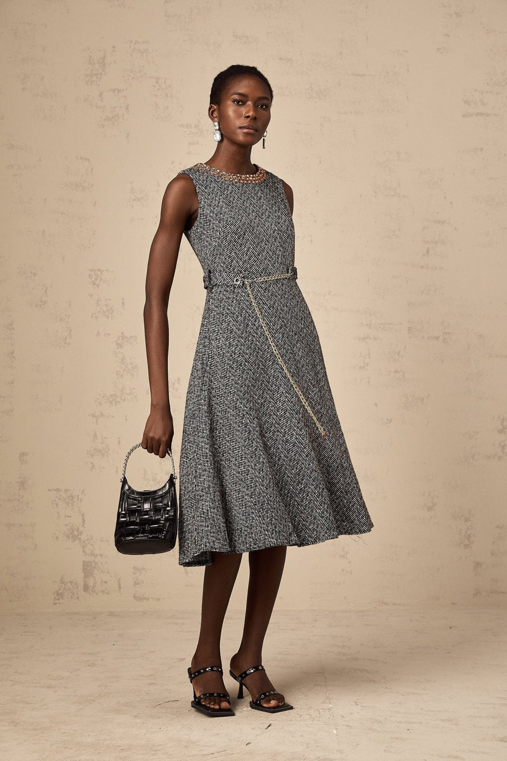 Vanessa Midi Dress Crystal Embellished Chain Link Flare Waist in Grey