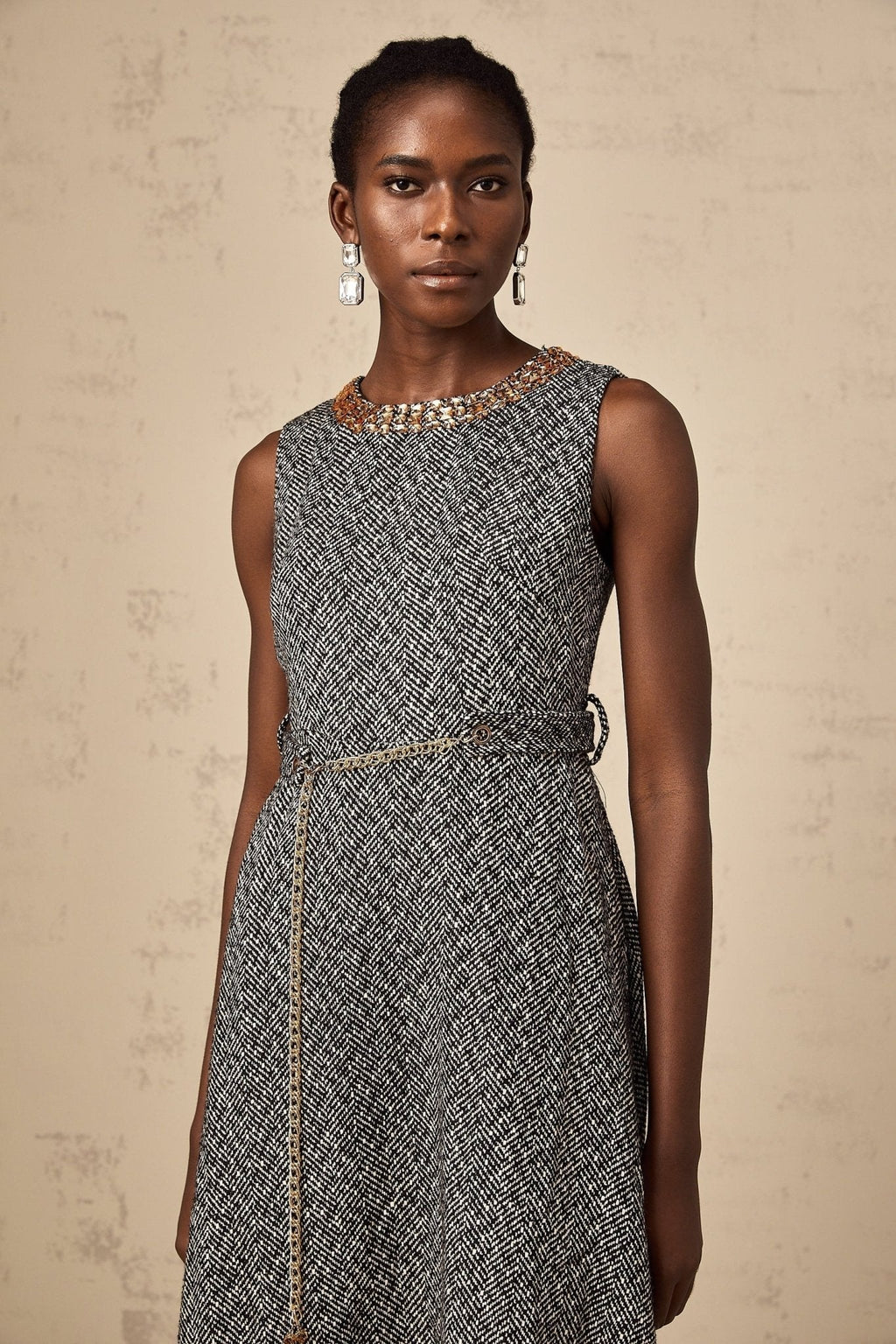 Vanessa Midi Dress Crystal Embellished Chain Link Flare Waist in Grey