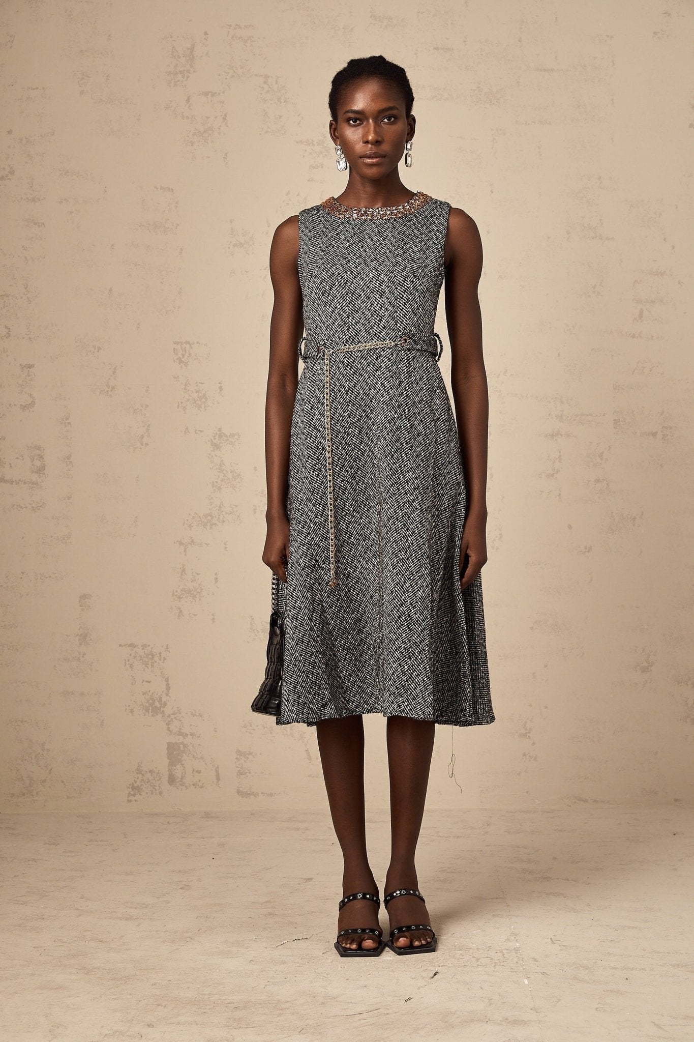 Vanessa Midi Dress Crystal Embellished Chain Link Flare Waist in Grey