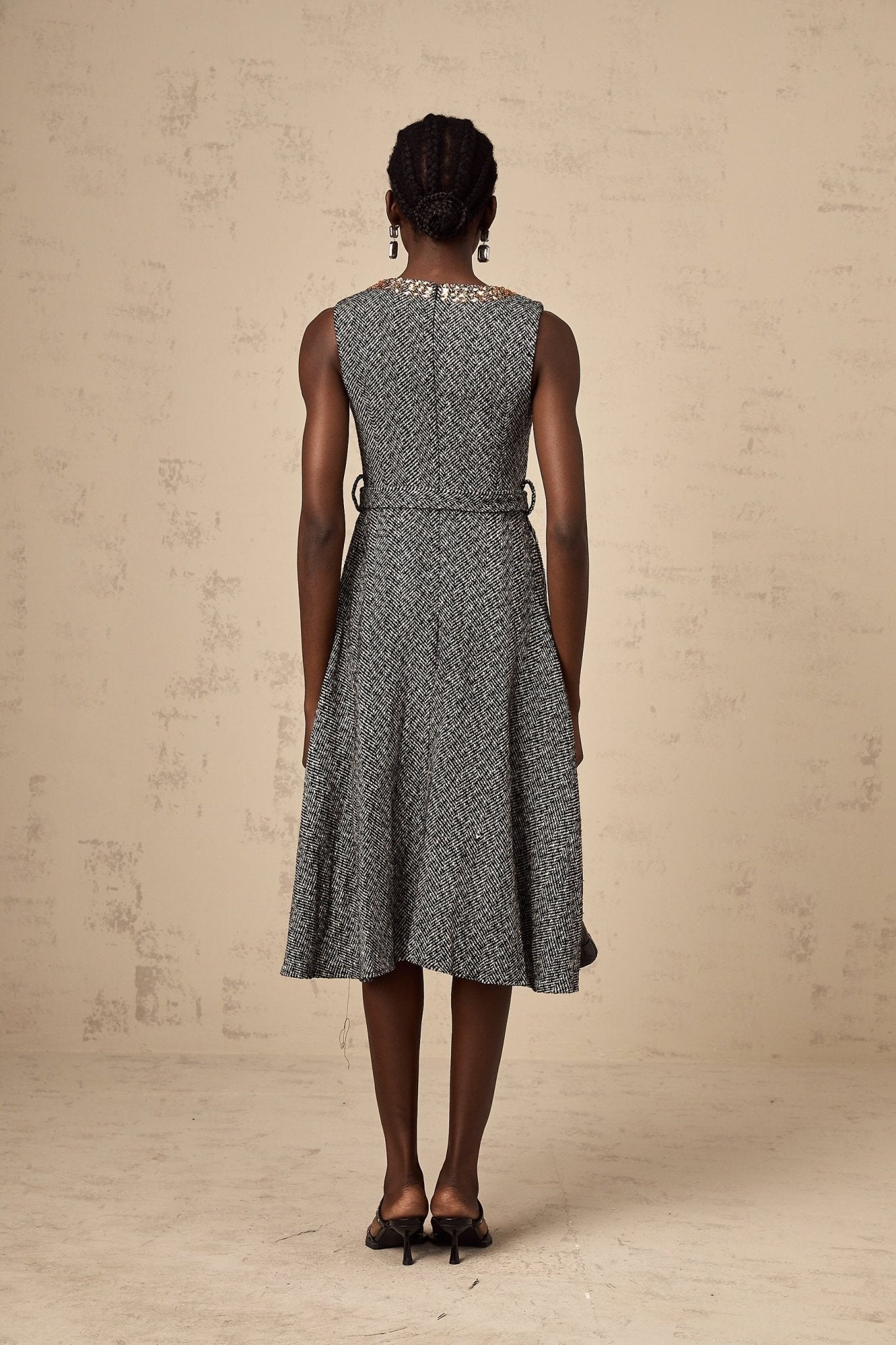 Vanessa Midi Dress Crystal Embellished Chain Link Flare Waist in Grey