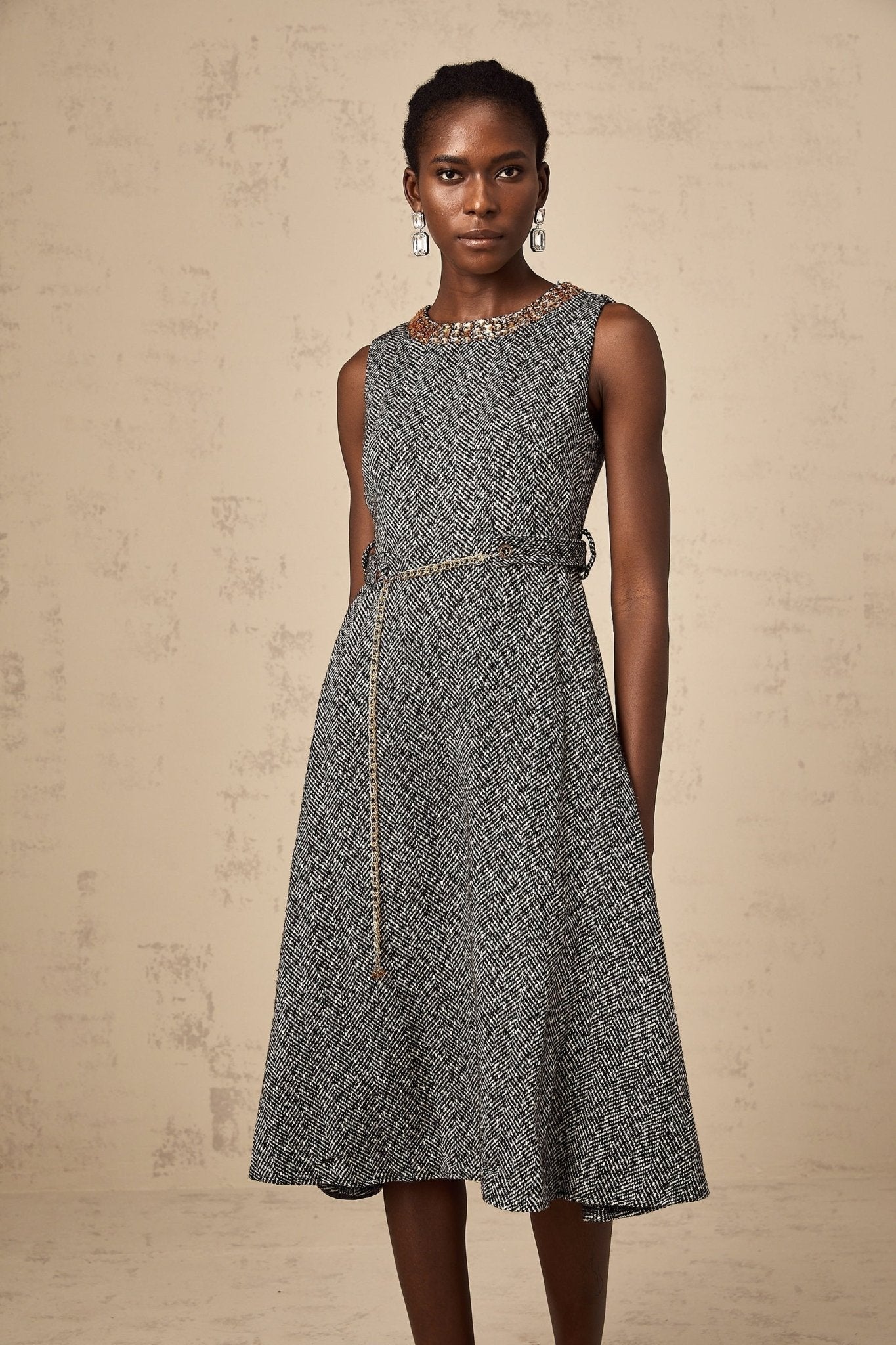 Vanessa Midi Dress Crystal Embellished Chain Link Flare Waist in Grey