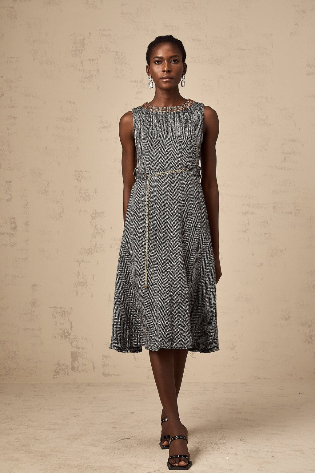 Vanessa Midi Dress Crystal Embellished Chain Link Flare Waist in Grey