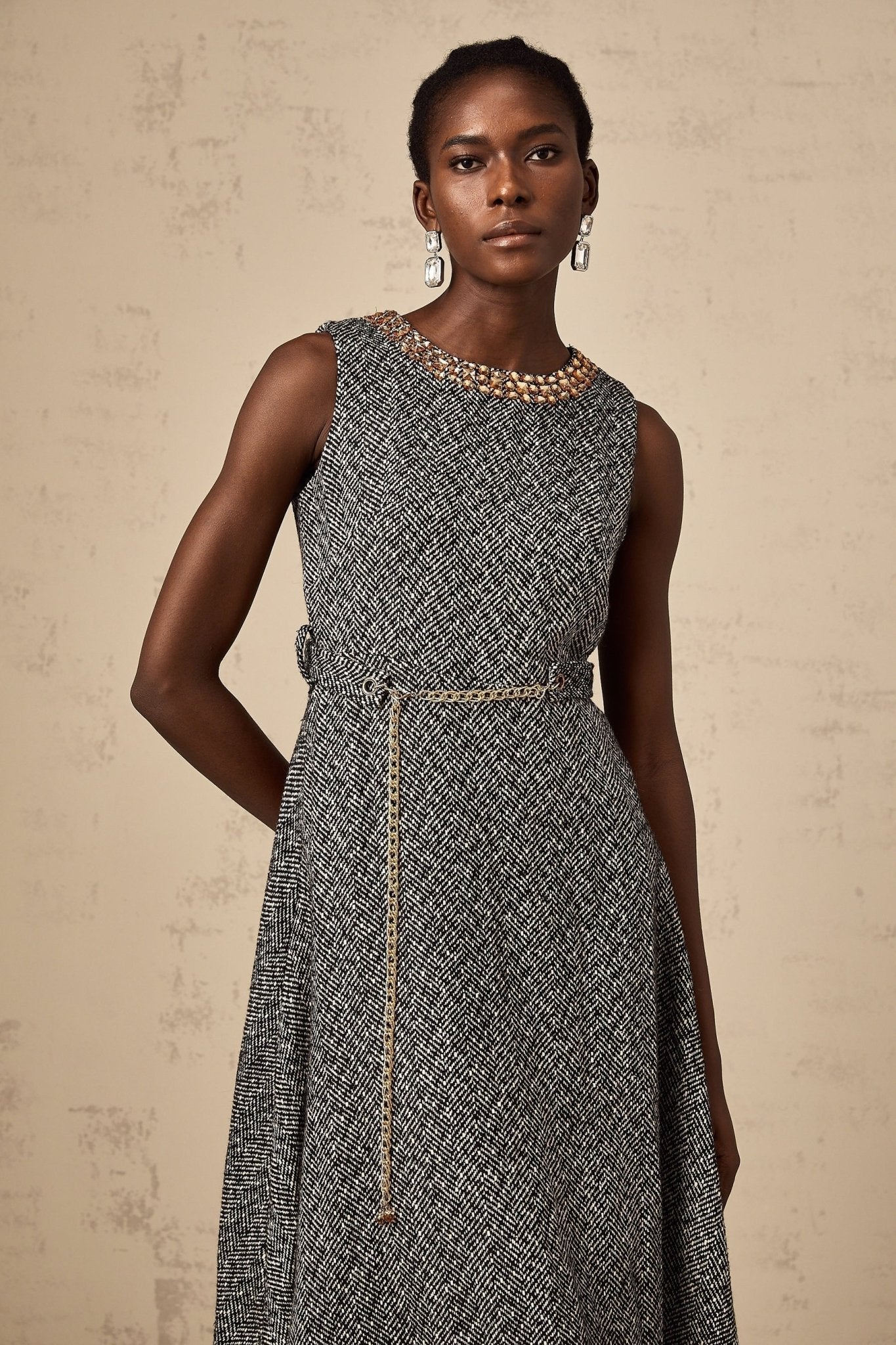 Vanessa Midi Dress Crystal Embellished Chain Link Flare Waist in Grey