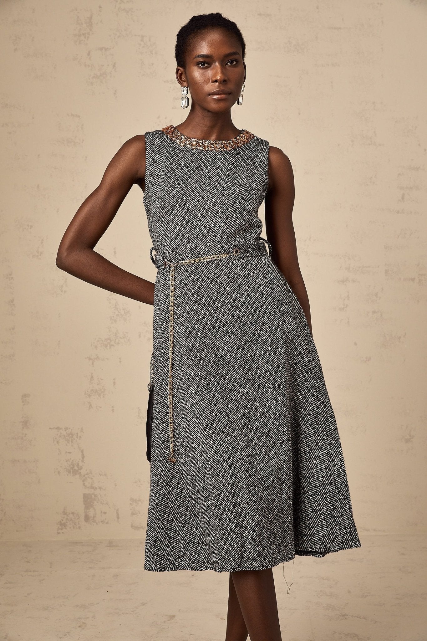 Vanessa Midi Dress Crystal Embellished Chain Link Flare Waist in Grey