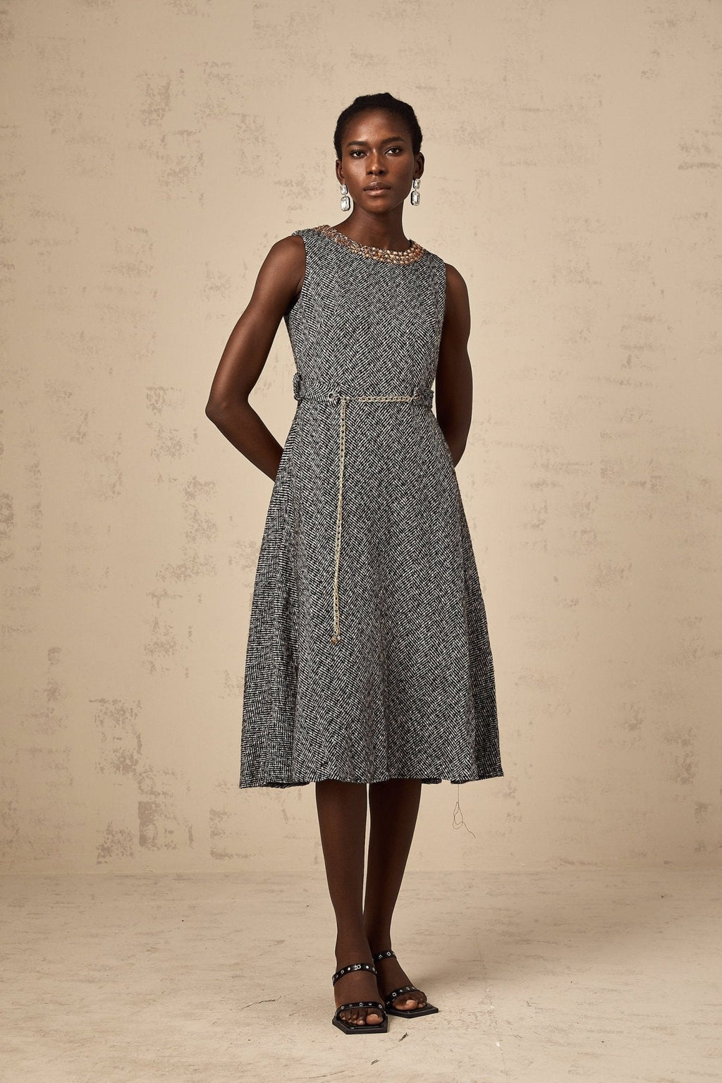 Vanessa Midi Dress Crystal Embellished Chain Link Flare Waist in Grey