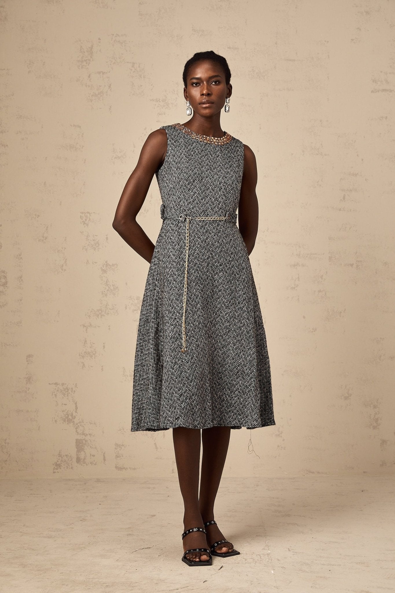 Vanessa Midi Dress Crystal Embellished Chain Link Flare Waist in Grey