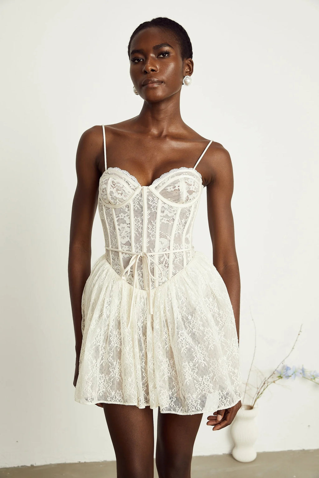 Vanessa Mini Dress Lace Corset White Pleated & Strap