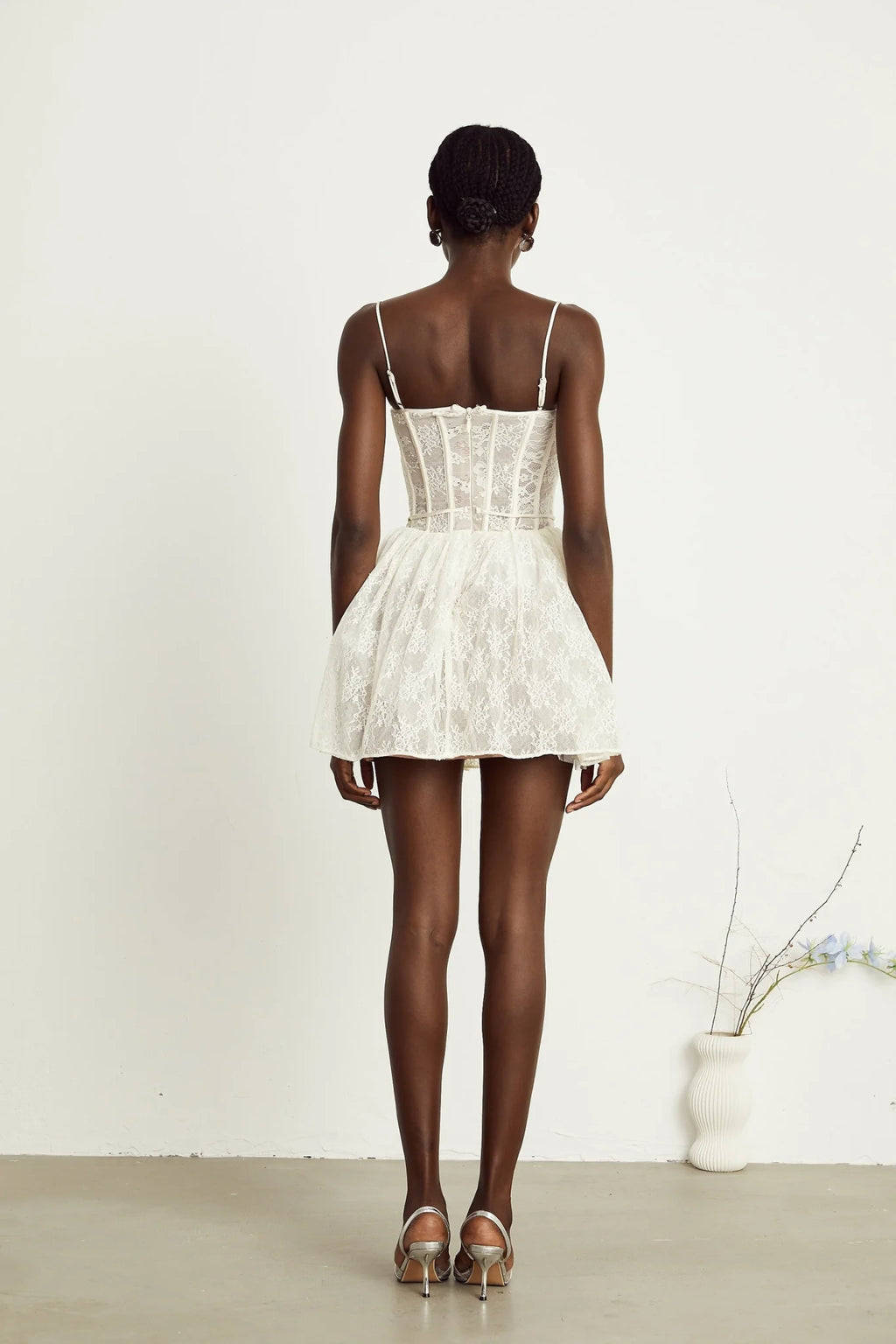 Vanessa Mini Dress Lace Corset White Pleated & Strap