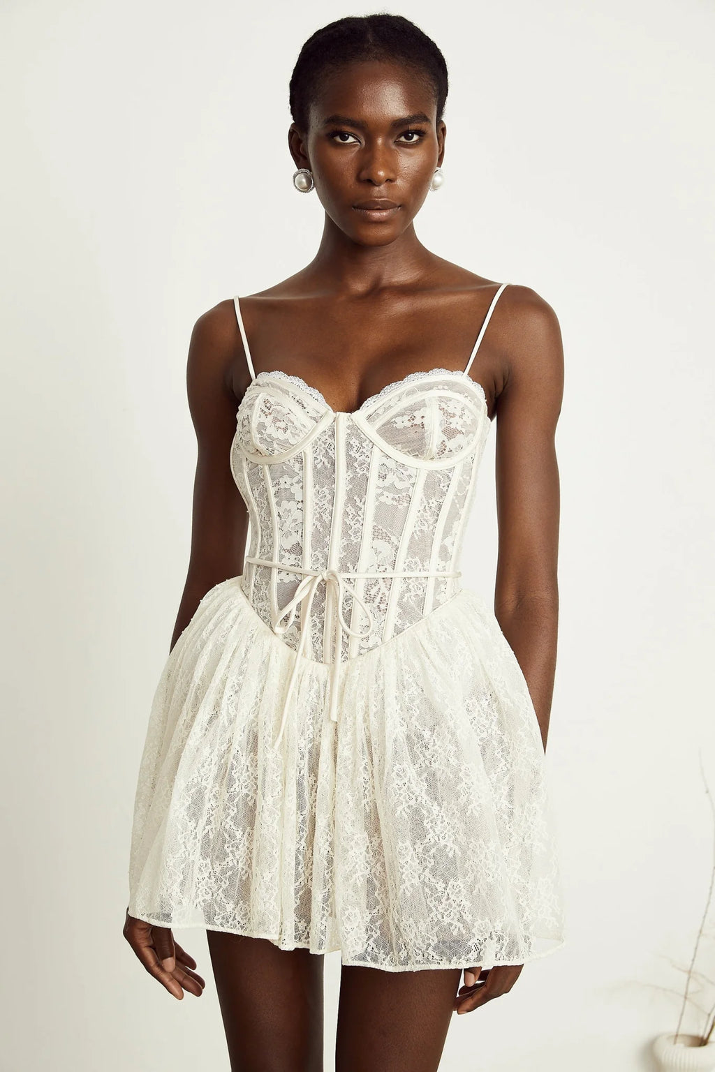Vanessa Mini Dress Lace Corset White Pleated & Strap