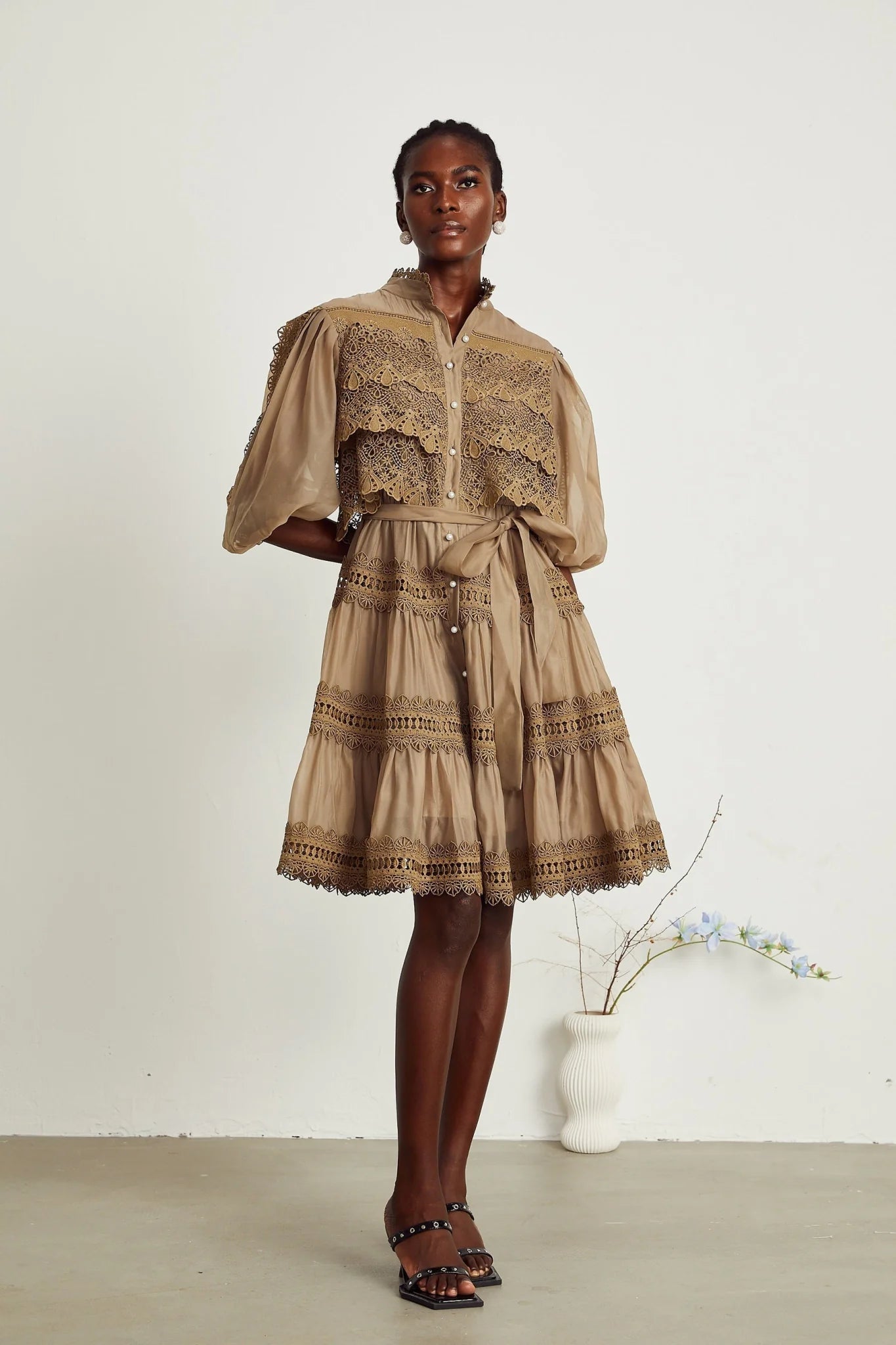 Vanessa Mini Dress Olive Green Lace Detail Flare & Layered