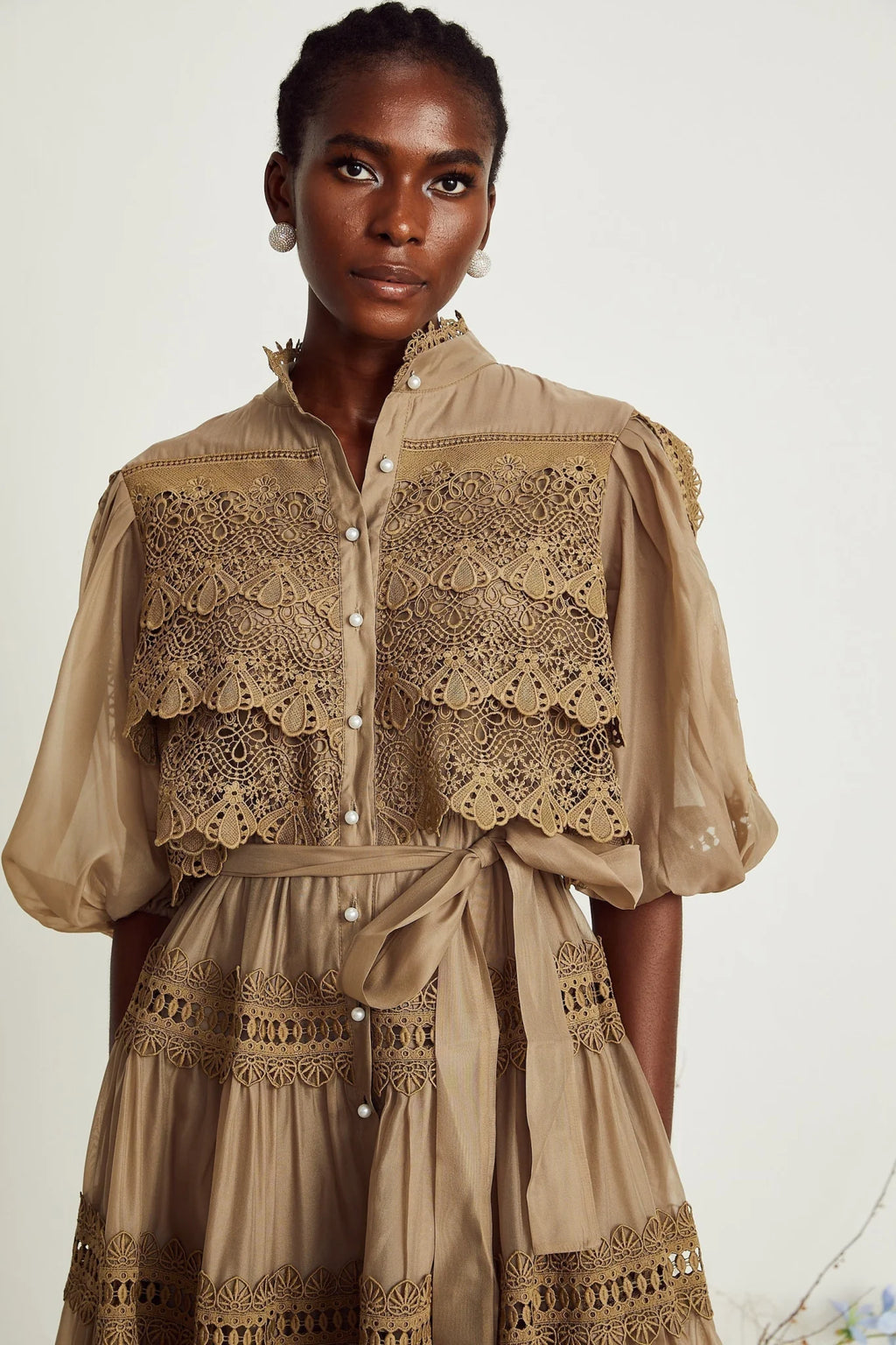 Vanessa Mini Dress Olive Green Lace Detail Flare & Layered