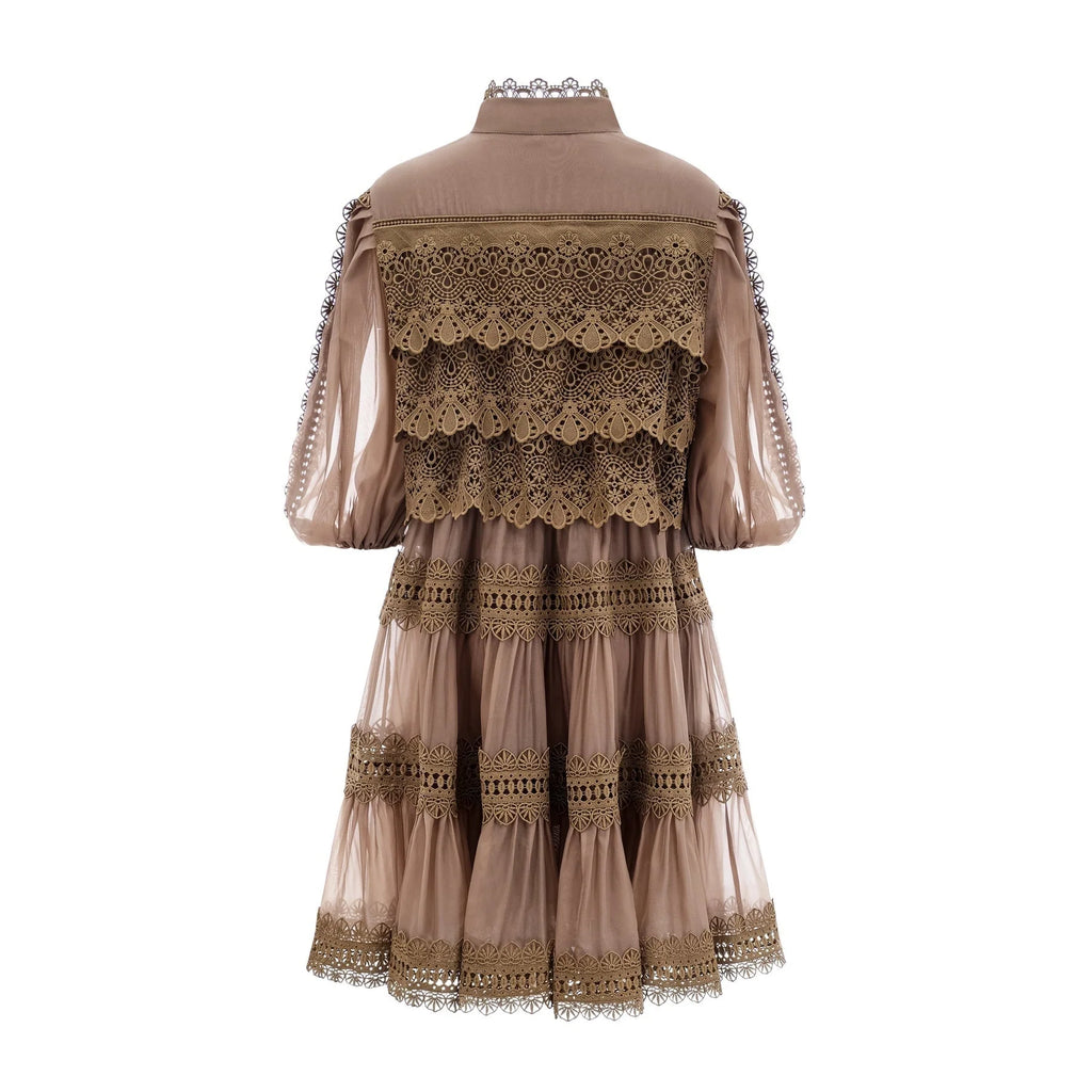 Vanessa Mini Dress Olive Green Lace Detail Flare & Layered
