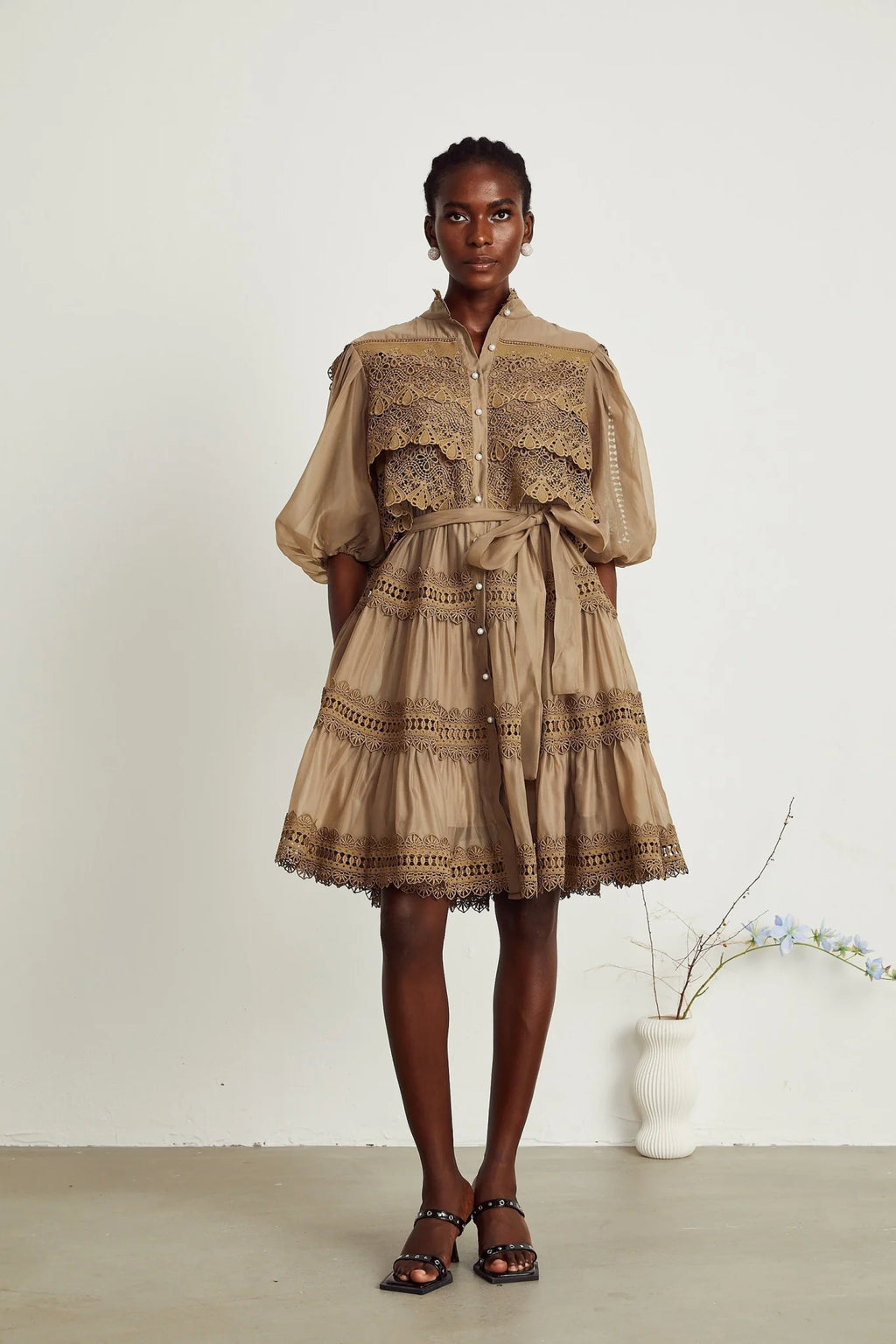 Vanessa Mini Dress Olive Green Lace Detail Flare & Layered